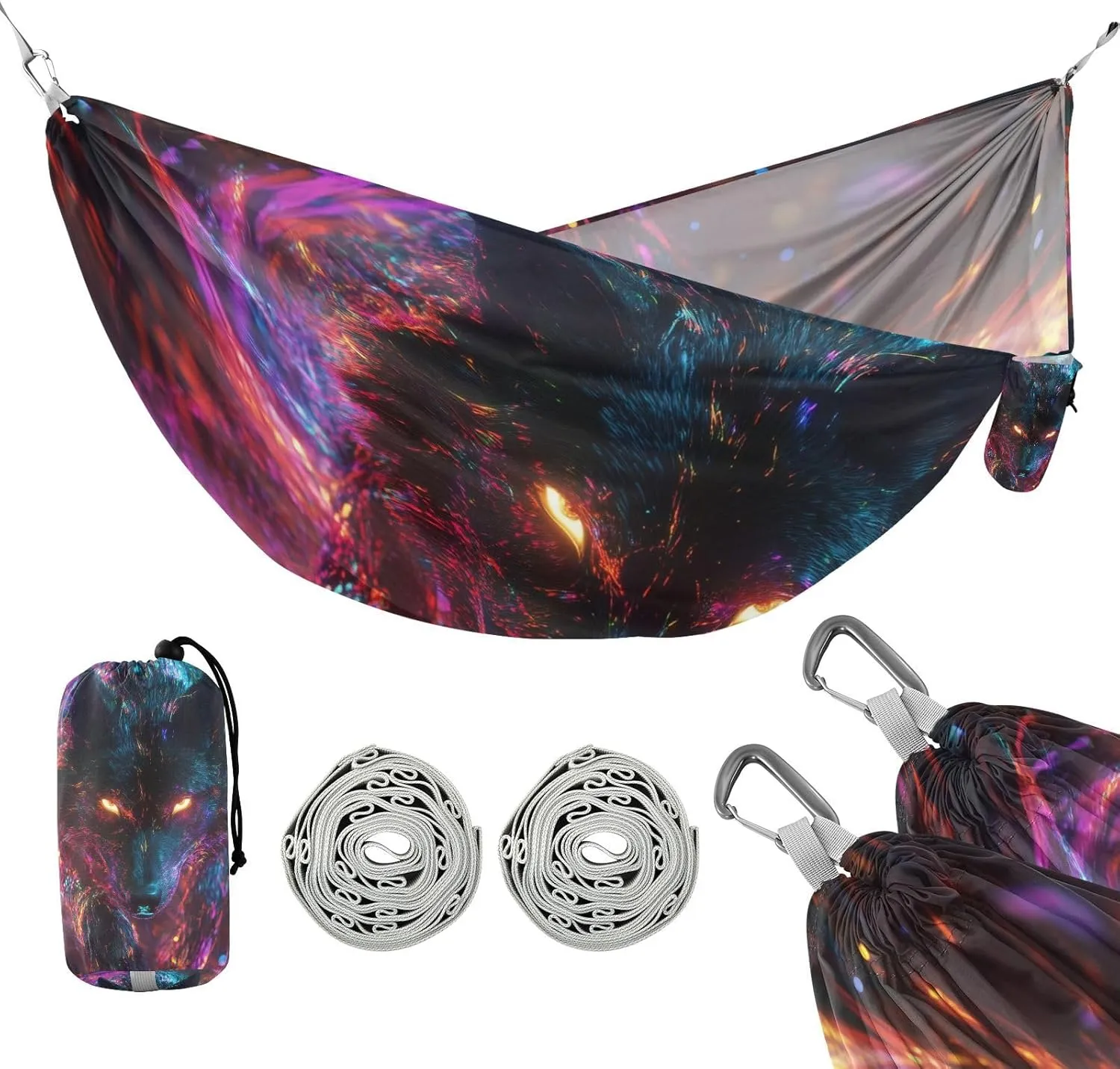 susiyo Portable Camping Hammock Wolf Neon-Glowing Eyes Printed Lightweight Hammock Comfortable Travel Swing with Tree Straps for Camping Hiking Backpacking Travel or Beach - Up to 330lbs