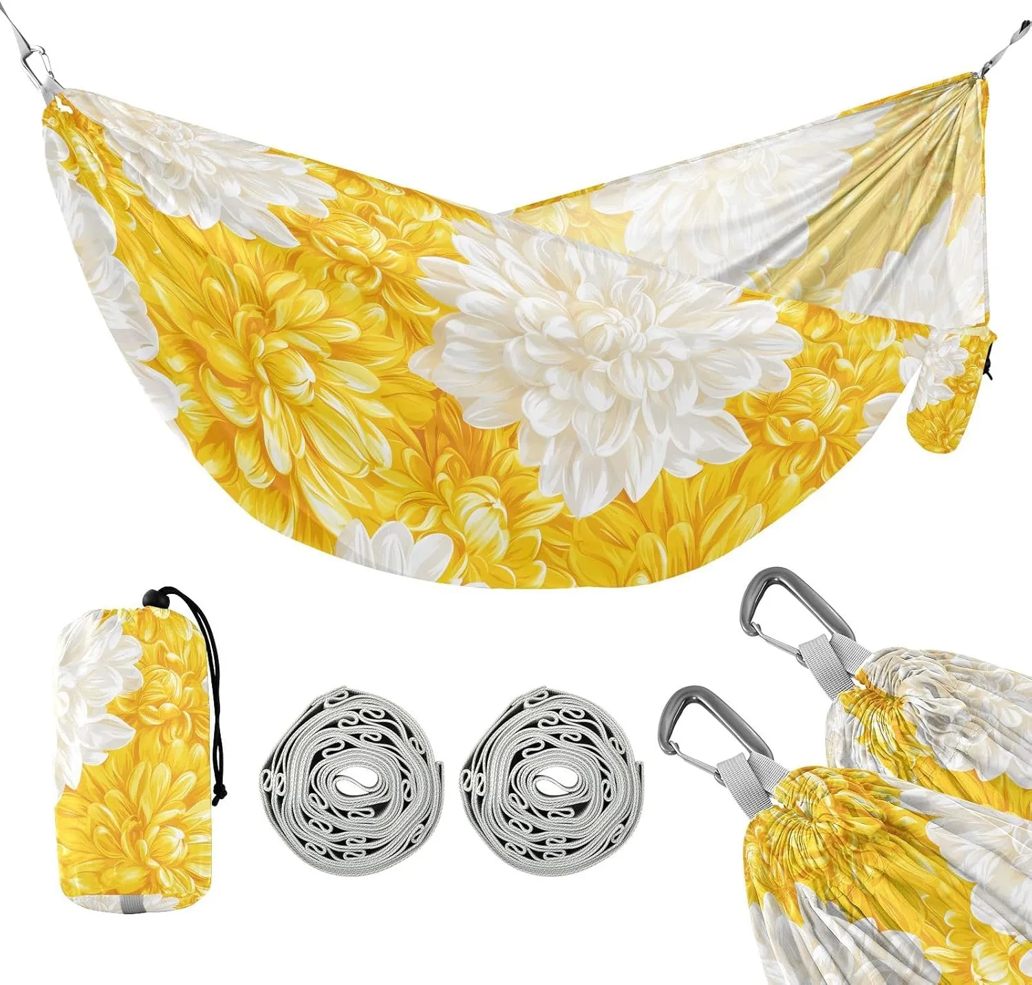 susiyo Portable Camping Hammock Yellow White Chrysanthemums Printed Lightweight Hammock Comfortable Travel Swing with Tree Straps for Camping Hiking Backpacking Travel or Beach - Up to 330lbs