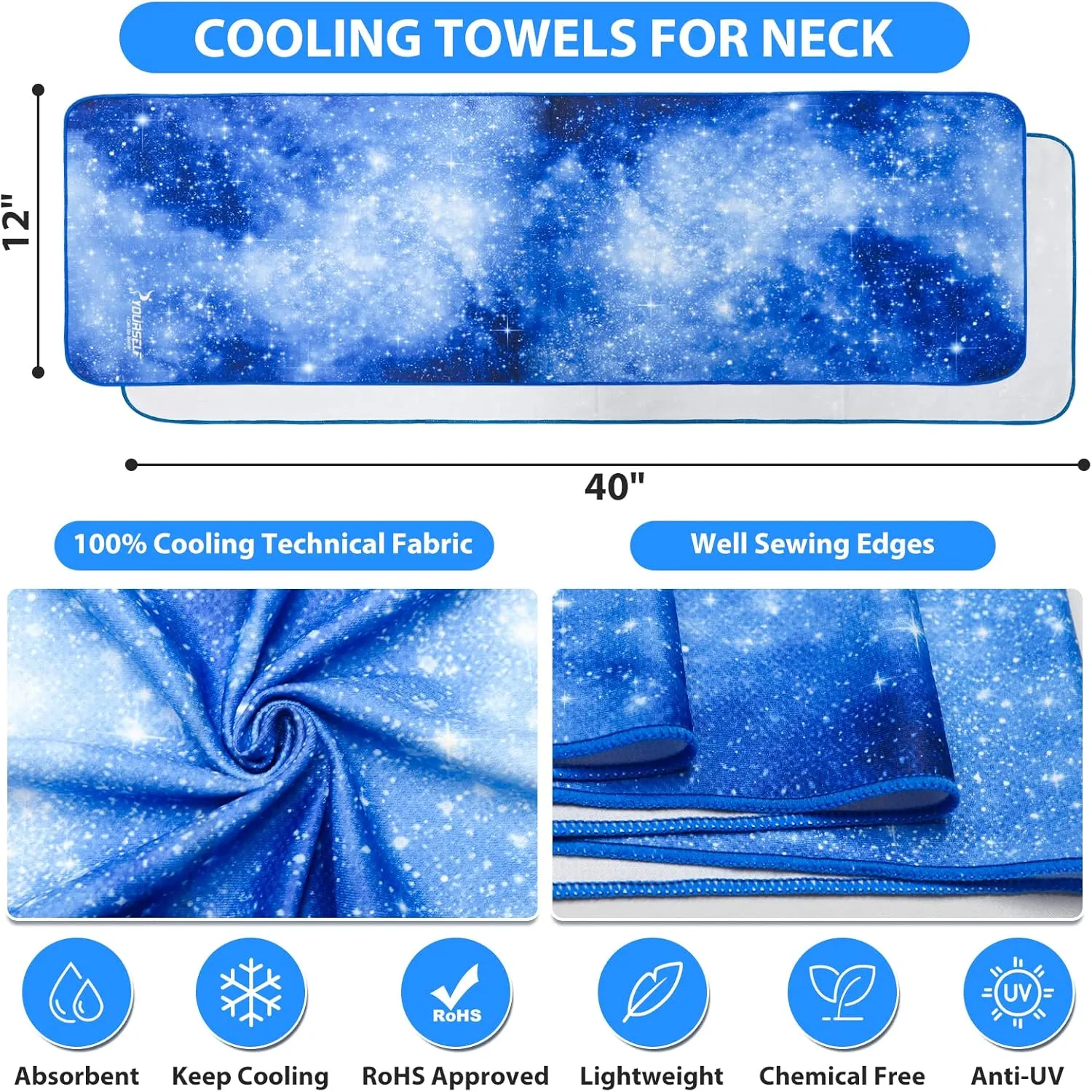 SYOURSELF Cooling Towels for Neck and Face, 4 Pack 40" x 12" Cooling Towel for Hot Weather, Soft Breathable Instant Cool Chilly Pad for Sports Golf Yoga Gym Athletes Camping Ice Towels(Bstarry)