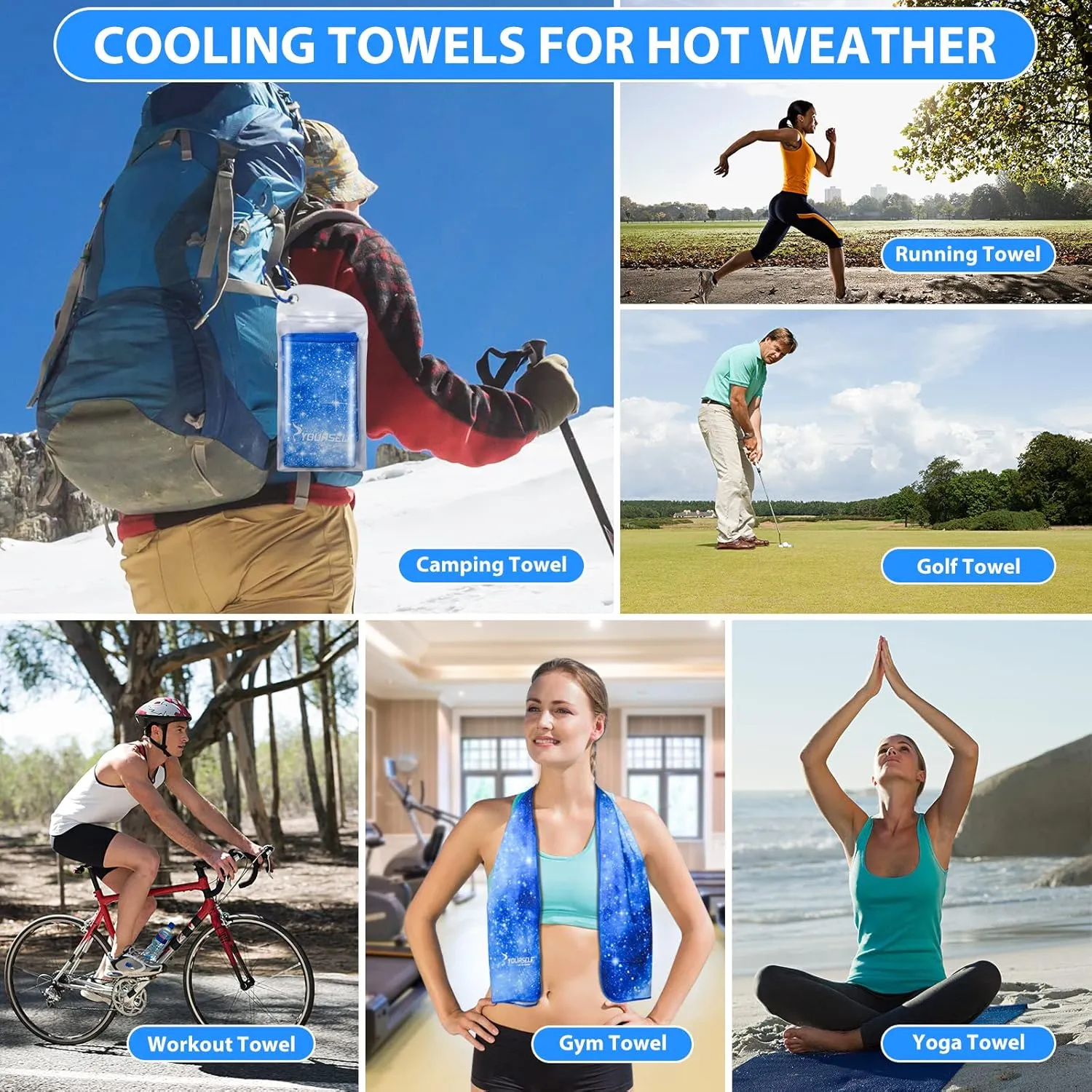 SYOURSELF Cooling Towels for Neck and Face, 4 Pack 40" x 12" Cooling Towel for Hot Weather, Soft Breathable Instant Cool Chilly Pad for Sports Golf Yoga Gym Athletes Camping Ice Towels(Bstarry)