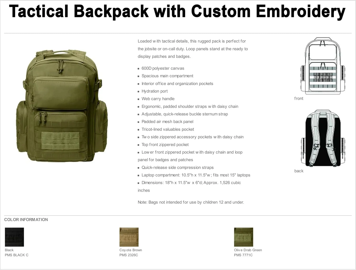 Tactical Gear bag Heavy Duty Duffel Gym bag/Tactical Backpack Custom Embroidered with your own text (Olive Drab Green Backpack)