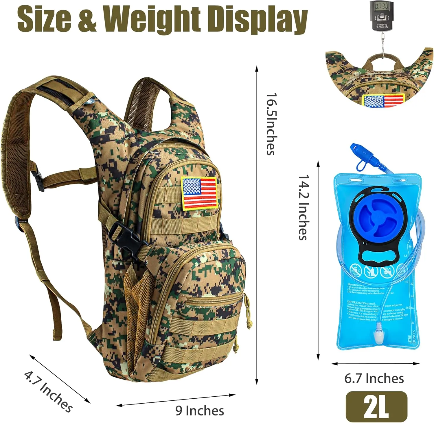 Tactical Hydration Backpack 2L Water Bladder - Lightweight Durable Pack for Hiking, Running, Outdoor Adventures, Adjustable Straps & Leak-Proof Design