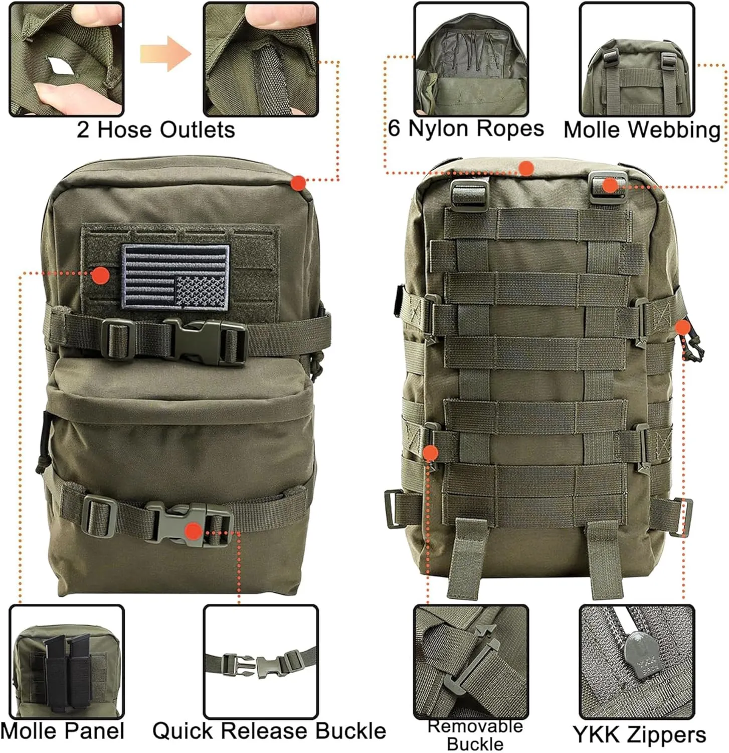 Tactical Mini Molle Hydration Pack,Molle Hydration Carrier with US Flag Water Resistant,Hydropack for Tactical Vest Backpack