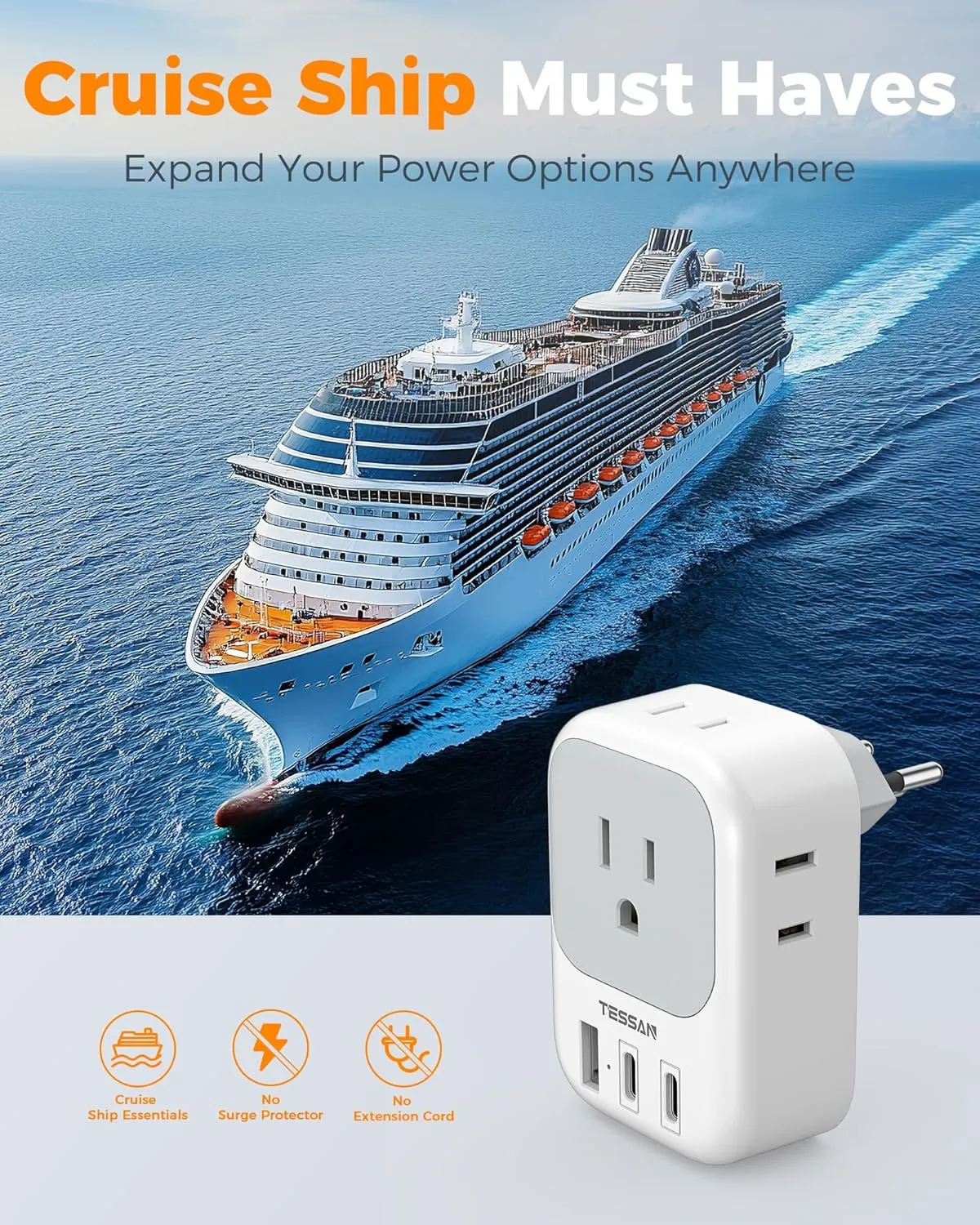TESSAN Switzerland Travel Plug Adapter, Type J Switzerland Power Adapter with 4 Outlets 3 USB (2 USB-C), Swiss Plug for US to Rwanda Jordan Liechtenstein Madagascar, Travel Essentials
