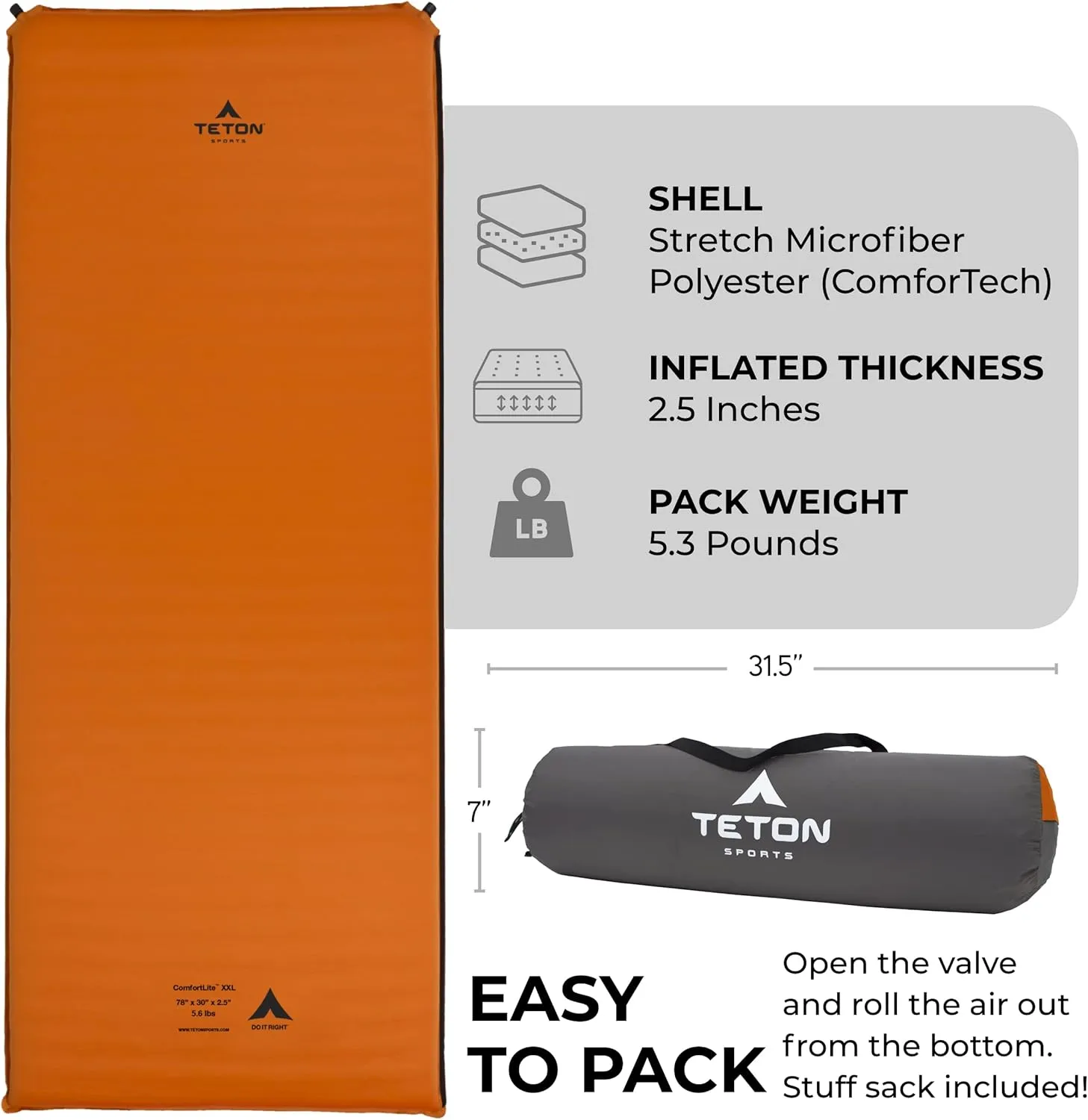 Teton Self Inflating Sleeping Pad, Inflatable Camping Sleeping Pads, Compact Mat for Camping, Backpacking, and Hiking.