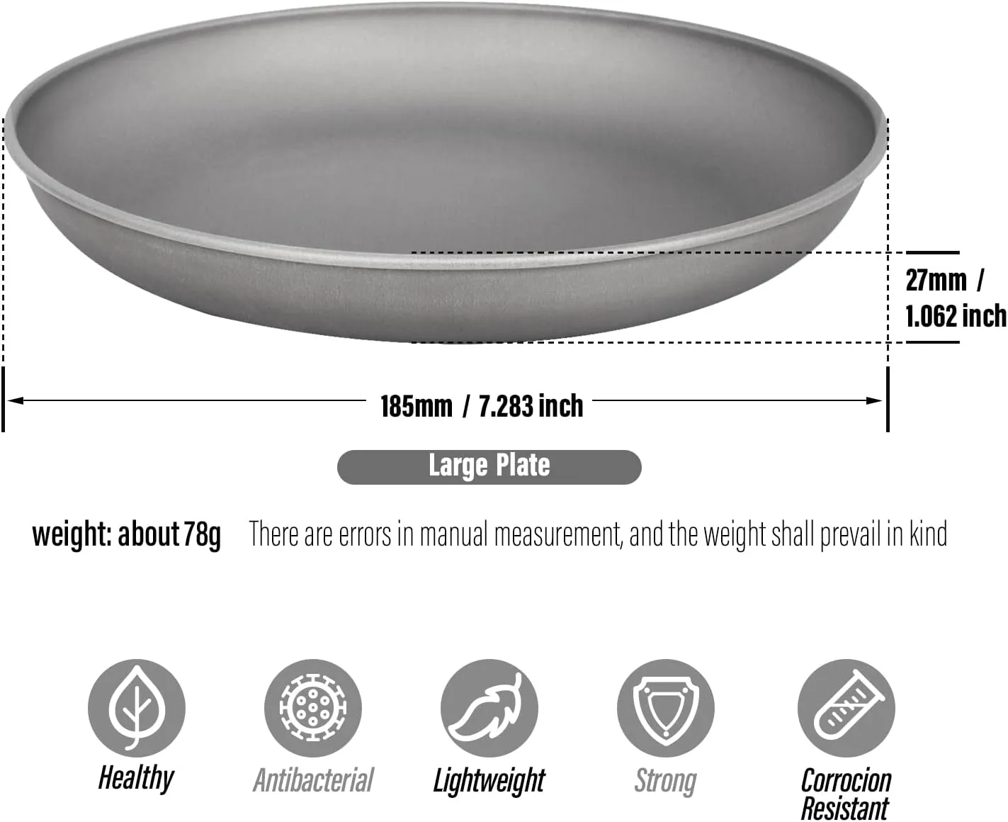 TiTo Titanium Plate Dish Outdoor Camping Tableware Ultralight Round Fruit Titanium Alloy Dinner Dishes Pan for BBQ Hiking Picnic (Large)