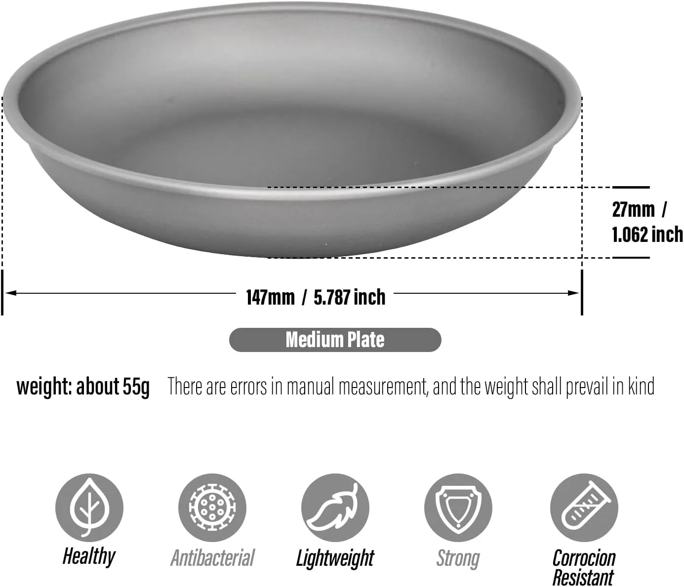 TiTo Titanium Plate Dish Outdoor Camping Tableware Ultralight Round Fruit Titanium Alloy Dinner Dishes Pan for BBQ Hiking Picnic (Middle)