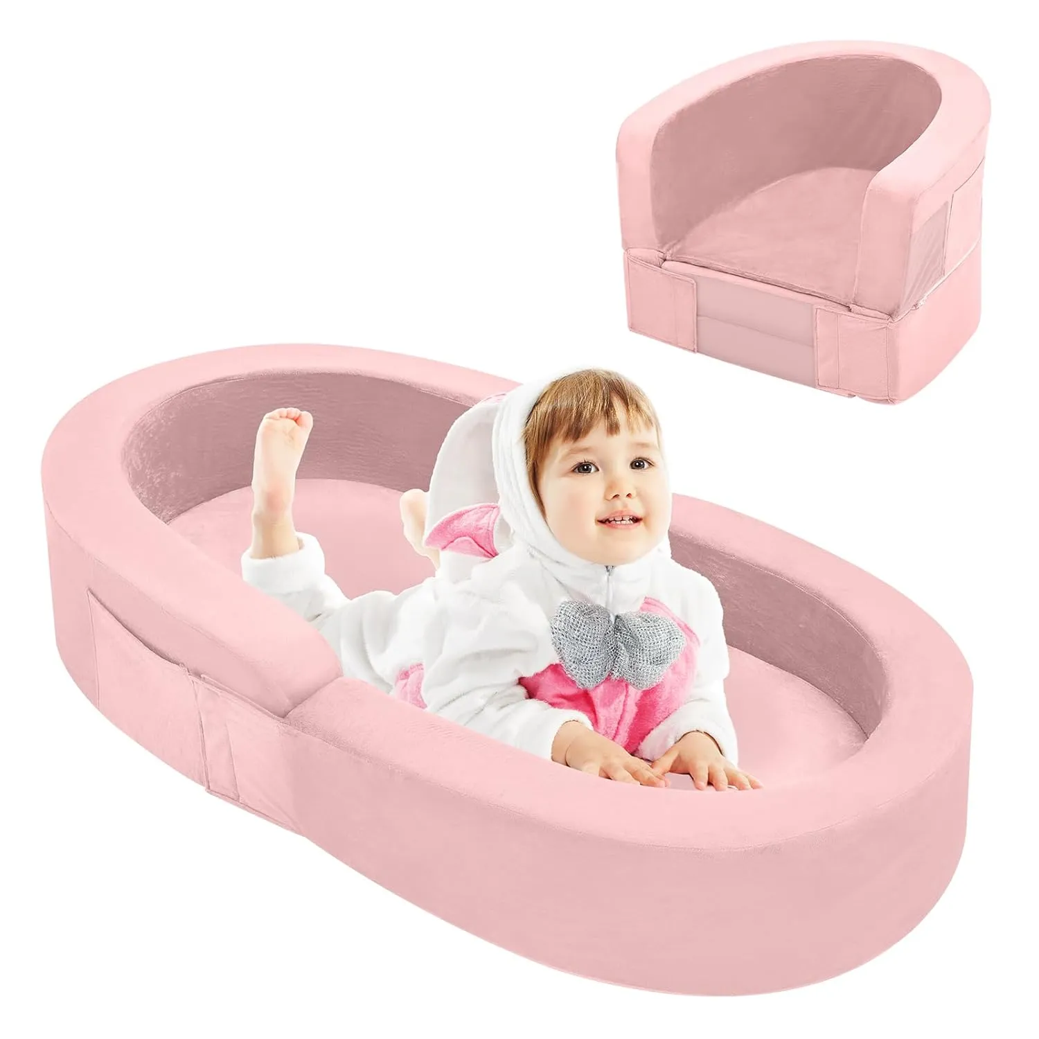 Toddler Travel Bed-Portable Toddler Bed, Foldable 2-in-1 Travel Toddlers Kids Sofa, Soft Foam Toddler Cot with Washable Cover, Convertible Sofa for Toddler and Kids for Indoor&Outdoor Use