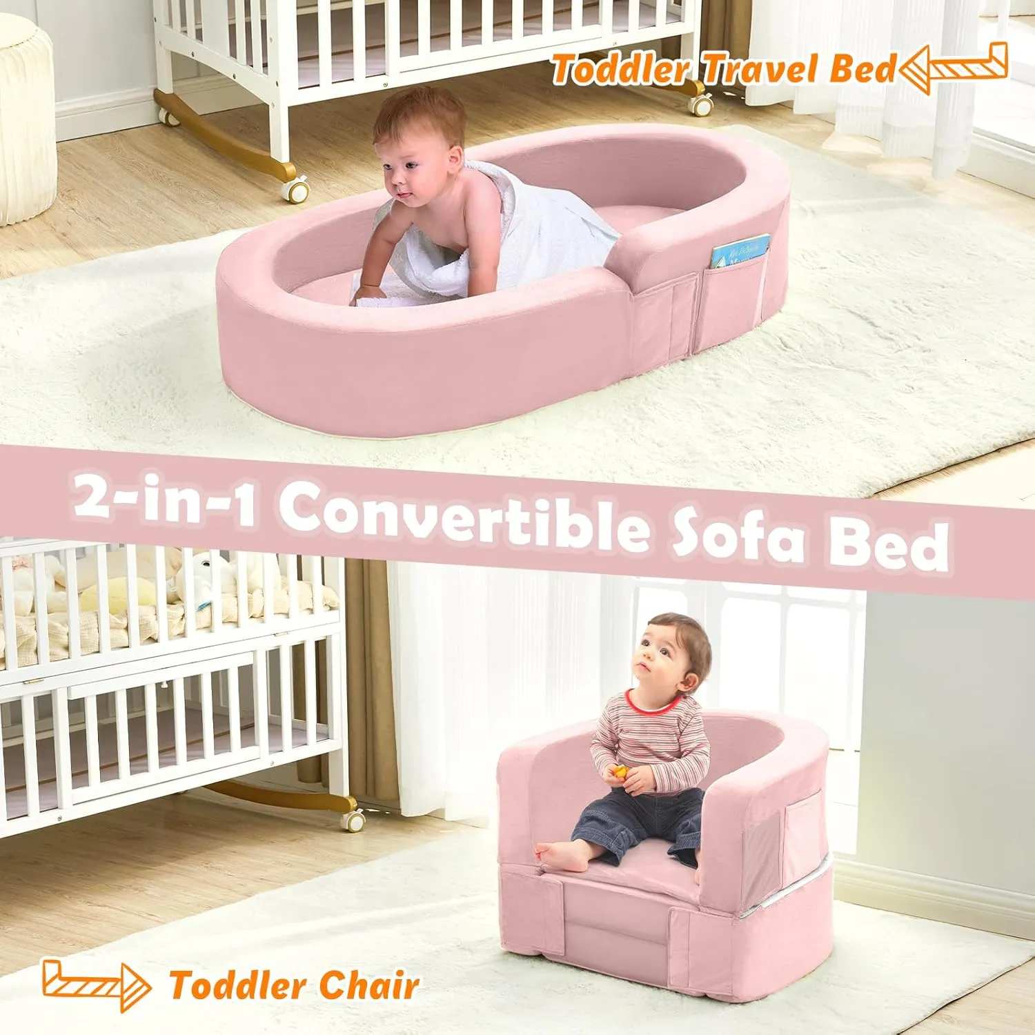 Toddler Travel Bed-Portable Toddler Bed, Foldable 2-in-1 Travel Toddlers Kids Sofa, Soft Foam Toddler Cot with Washable Cover, Convertible Sofa for Toddler and Kids for Indoor&Outdoor Use