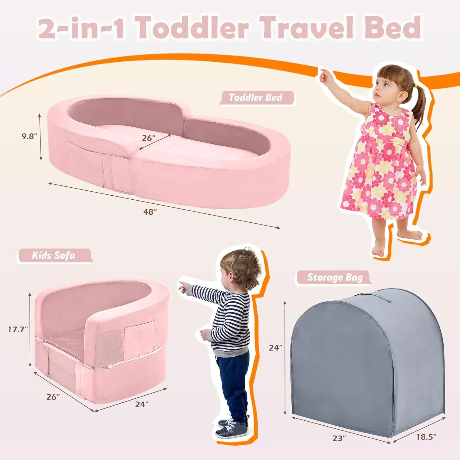 Toddler Travel Bed-Portable Toddler Bed, Foldable 2-in-1 Travel Toddlers Kids Sofa, Soft Foam Toddler Cot with Washable Cover, Convertible Sofa for Toddler and Kids for Indoor&Outdoor Use