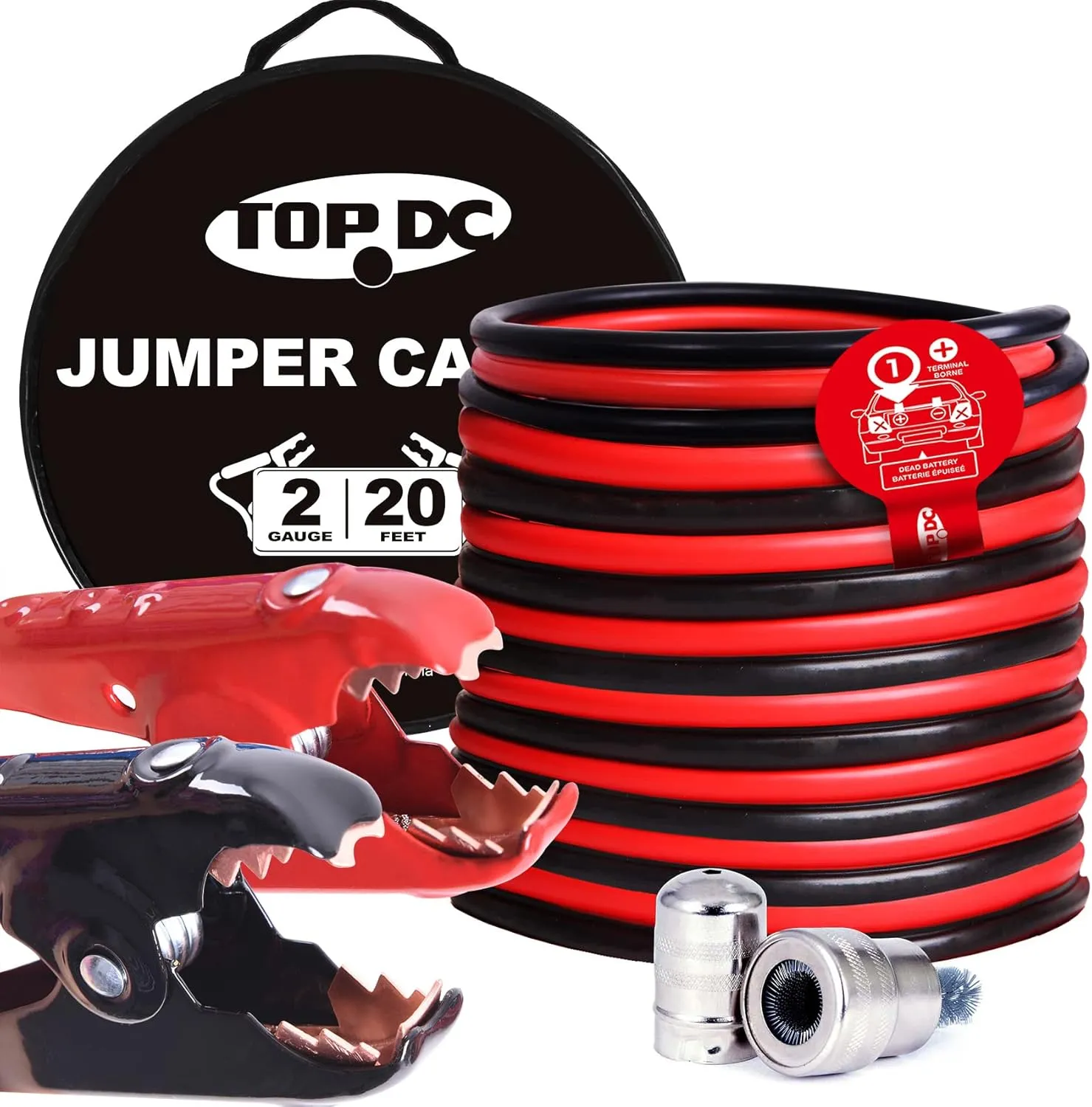 TOPDC 2 Gauge 20 Feet Jumper Cables for Car, SUV and Trucks Battery, Heavy Duty Automotive Booster Cables for Jump Starting Dead or Weak Batteries with Carry Bag, (TD-P0220)