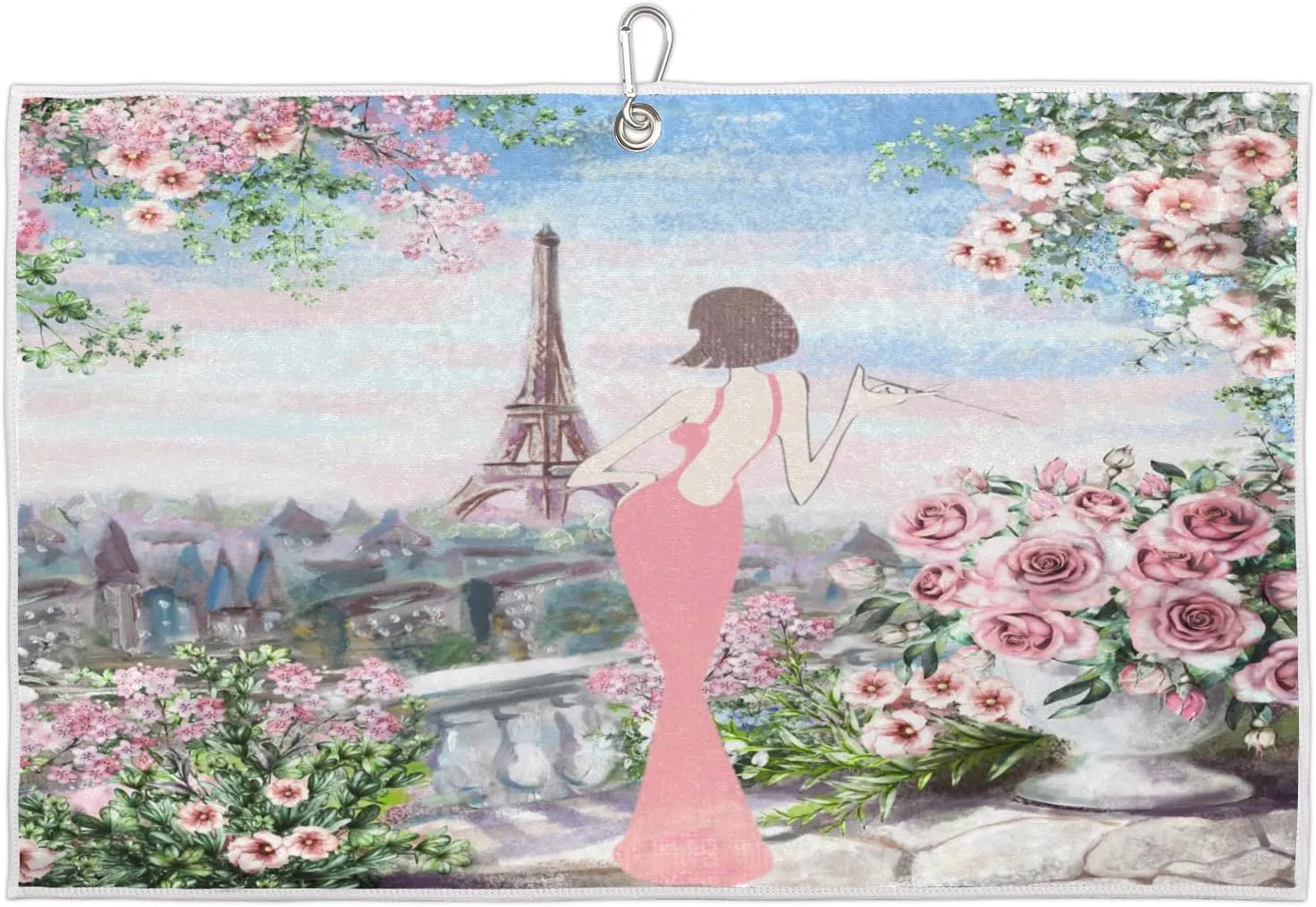 Tower Paris Women Flowers Golf Towel with Heavy Duty Carabiner Ultra Absorbent Quick Dry Perfect for Cleaning Clubs Balls Gear Essential Golf Accessory for Men Women Kids