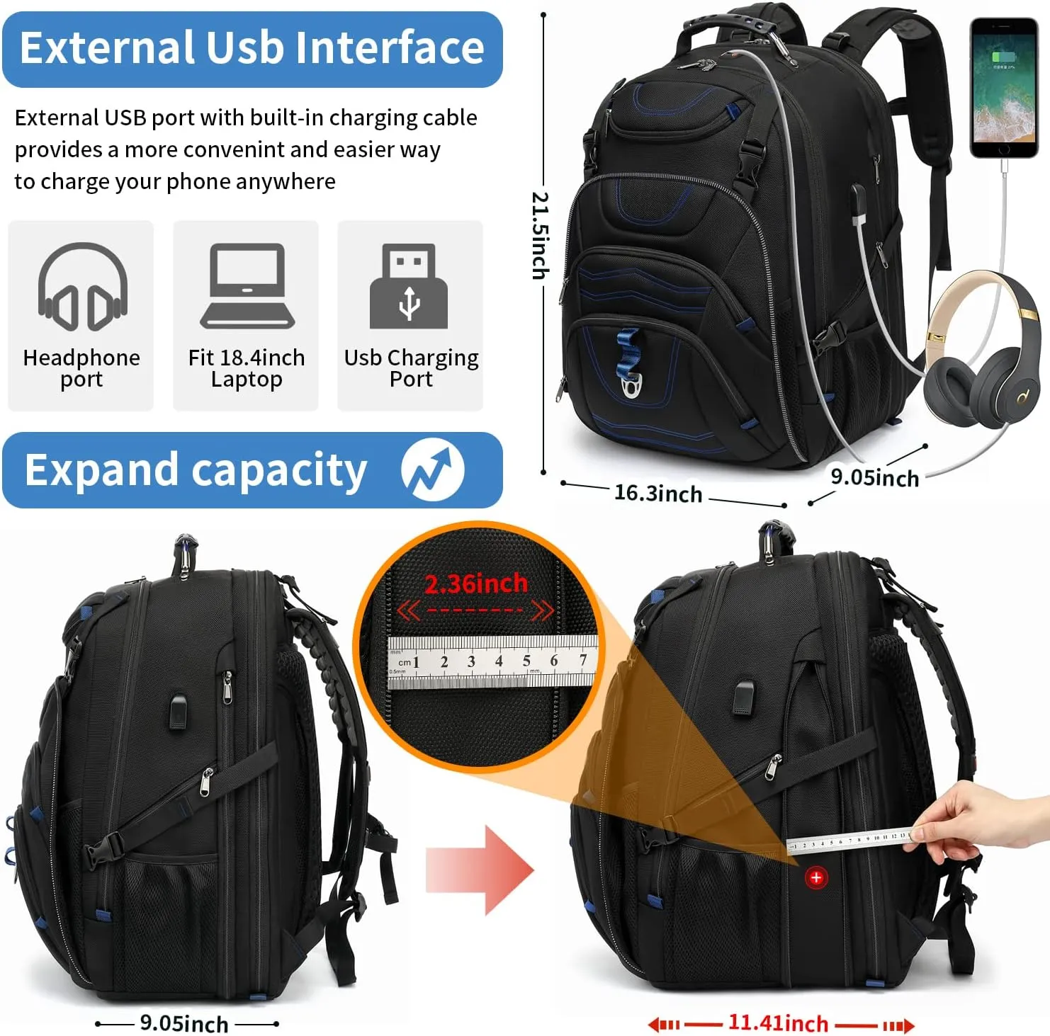 Travel Backpack 17.3 Inch, Business Anti-Theft Laptop Bag with USB Charging Port, Waterproof