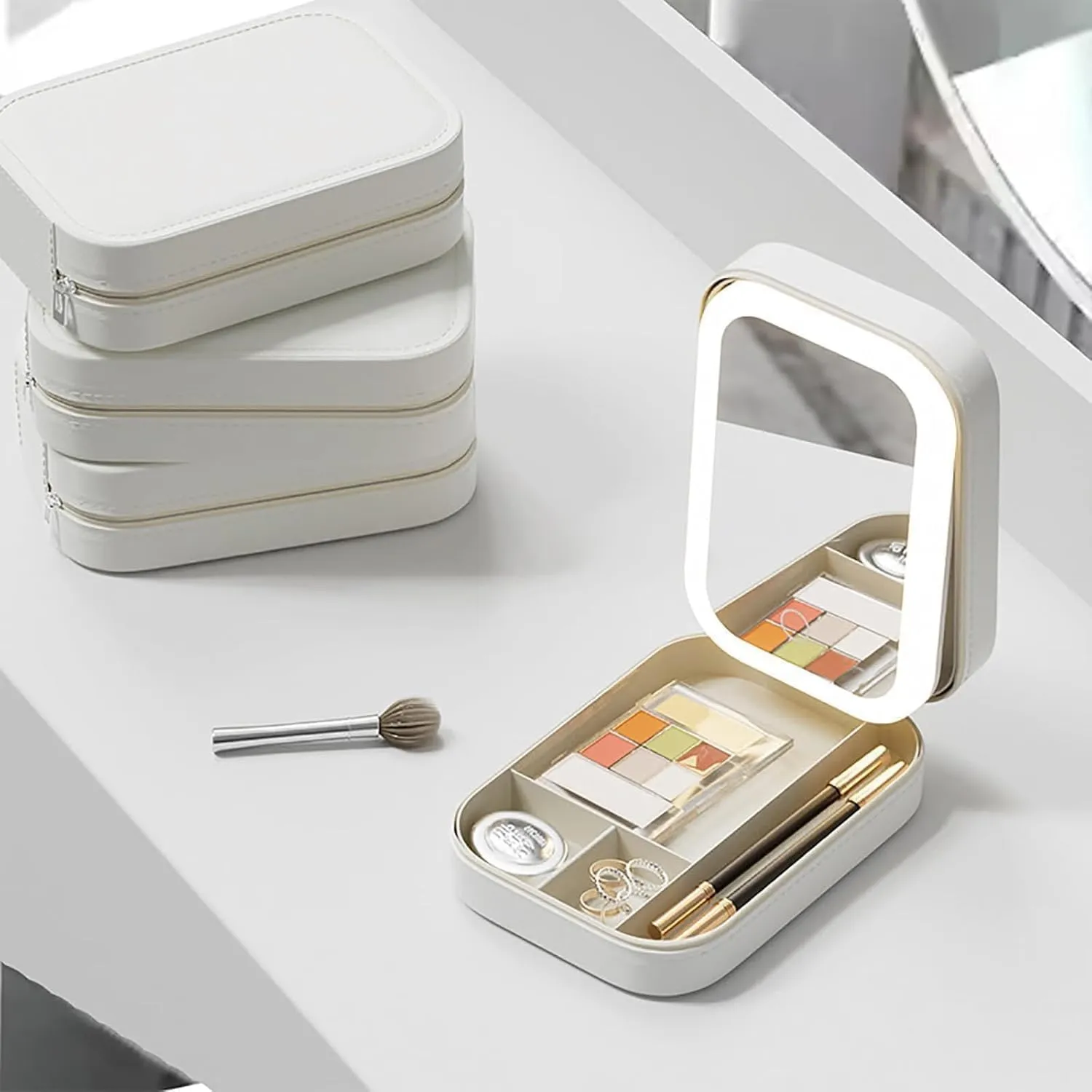 Travel Makeup Mirror, Adjustable LED Light, Compact and Portable, Smart Organization Design, Keep Cosmetics neatly Organized, Easy to Touch up Makeup Anytime, Anywhere