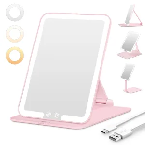 Travel Makeup Mirror with 3 Dimmable Color Lights, Portable Foldable LED Lighted Travel Makeup Mirror, Rechargeable Compact Vanity Mirror with Light, Adjustable Height and Angle for Desk, Pink