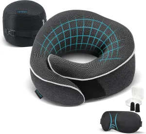 Travel Pillow 100% Pure Memory Foam Neck Pillow, Pillows for Sleeping, Car and Airplane Travel Essentials, Travel Kit with 3D Contoured Eye Masks, Earplugs and Luxury Mesh Bag (Dark Grey)