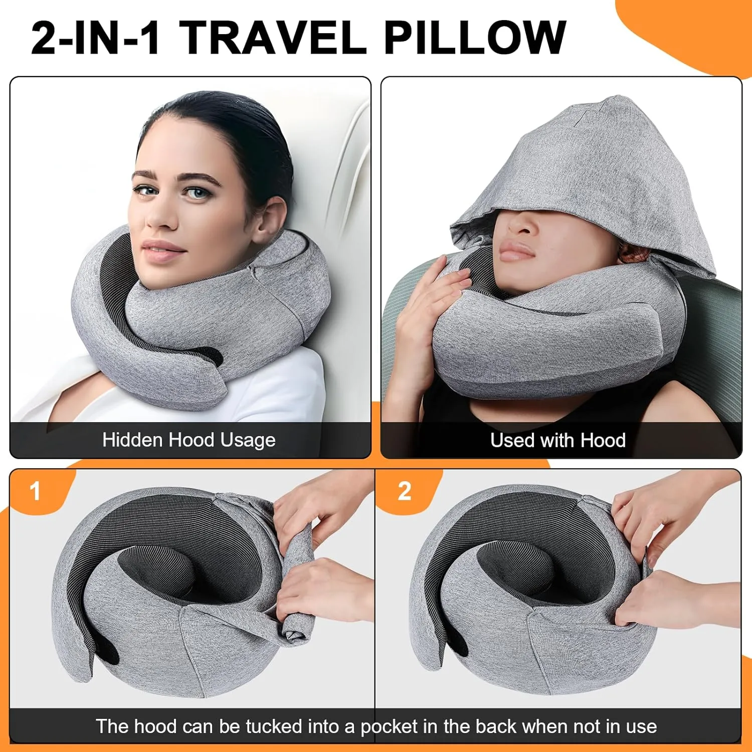 Travel Pillow - Hooded Neck Pillow Airplane, Memory Foam Pillow for Plane, Office, Cars Sleeping, Long Flight Must Haves, Road Trip Essentials Accessories for Adults (Light Gray)