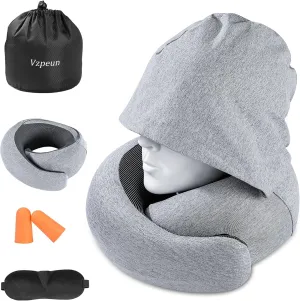 Travel Pillow - Hooded Neck Pillow Airplane, Memory Foam Pillow for Plane, Office, Cars Sleeping, Long Flight Must Haves, Road Trip Essentials Accessories for Adults (Light Gray)