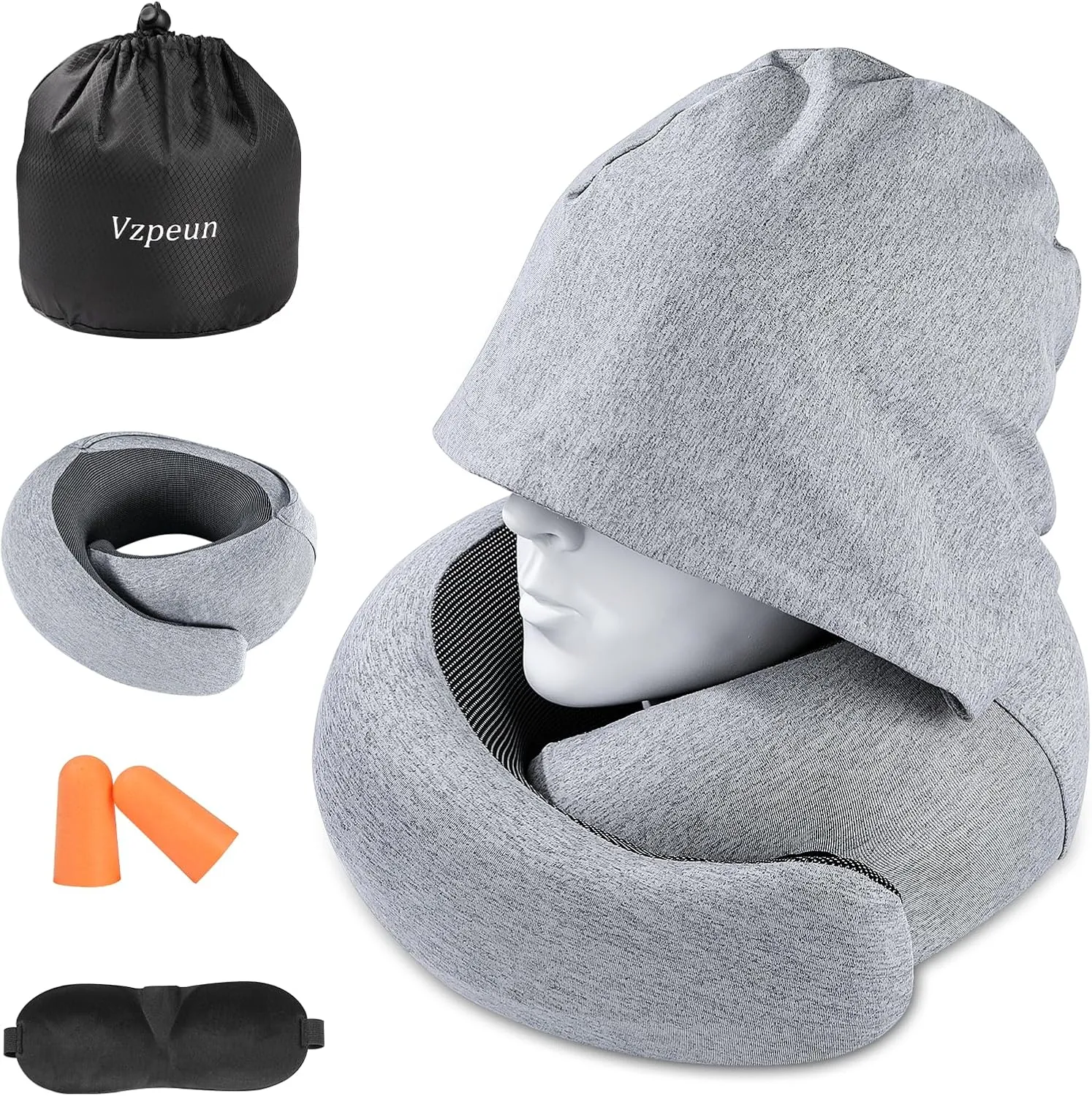 Travel Pillow - Hooded Neck Pillow Airplane, Memory Foam Pillow for Plane, Office, Cars Sleeping, Long Flight Must Haves, Road Trip Essentials Accessories for Adults (Light Gray)