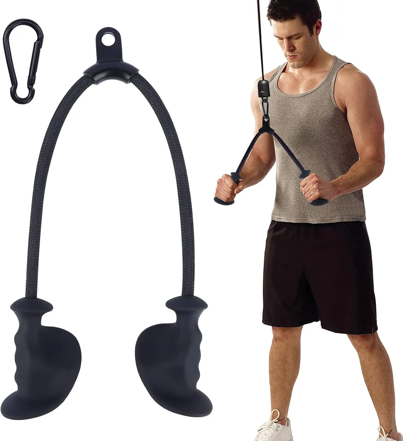 Tricep Rope Cable Attachment, Ergonomic LAT Pulldown Exercise Machine, Press Down Workout Attachment, Pulley System 33 Inch Pull Down Rope with Carabiner for Home Gym, Maximum Loading 1100 Lbs
