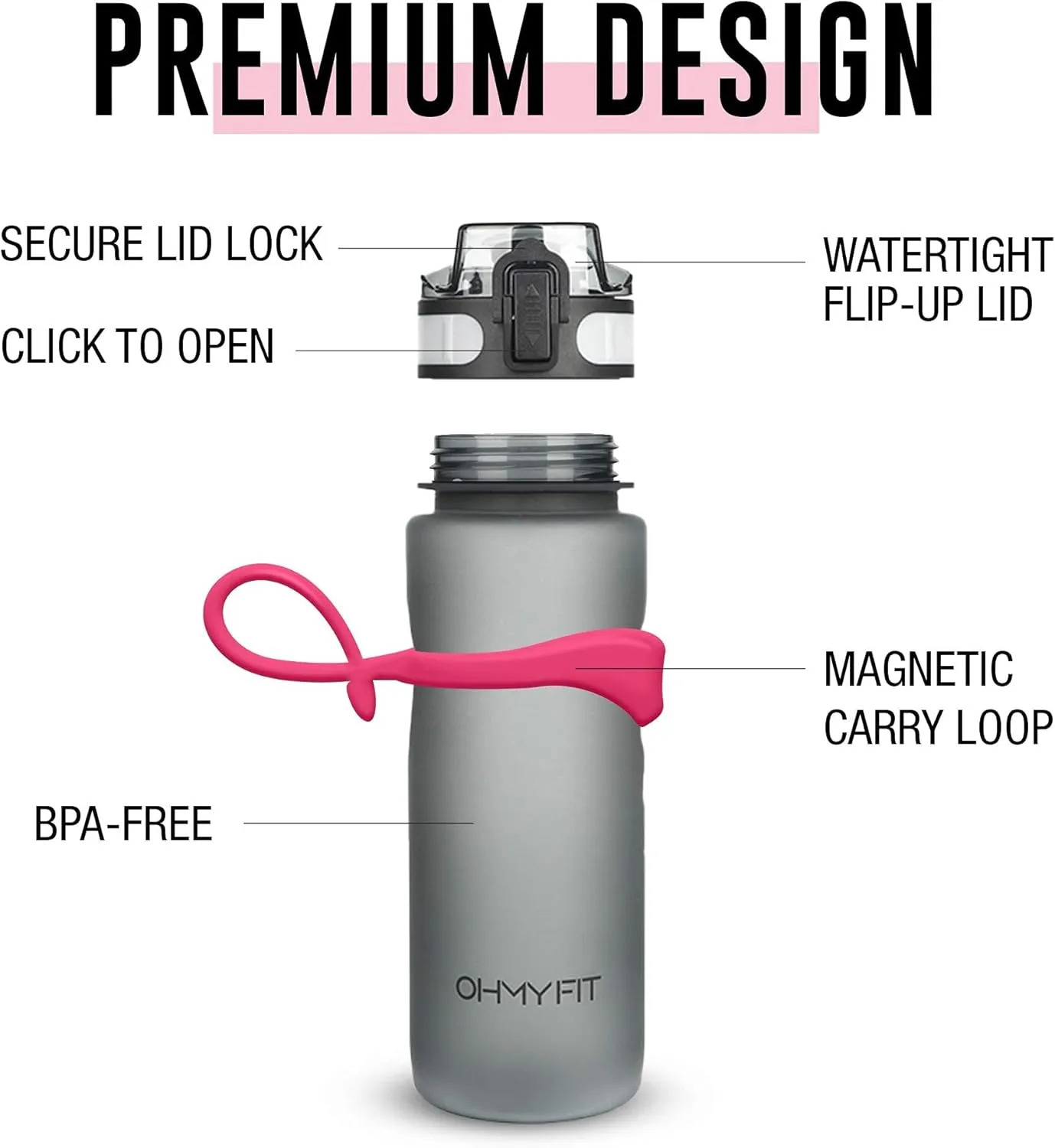 Tritan Sports Water Bottle with Magnetic Silicone Carry Strap & One Click Open Cap - Magnetic Drink Holder for Metal Equipment - Bottle w/Straps for Backpack, Belt & More (18oz, Fuschia)