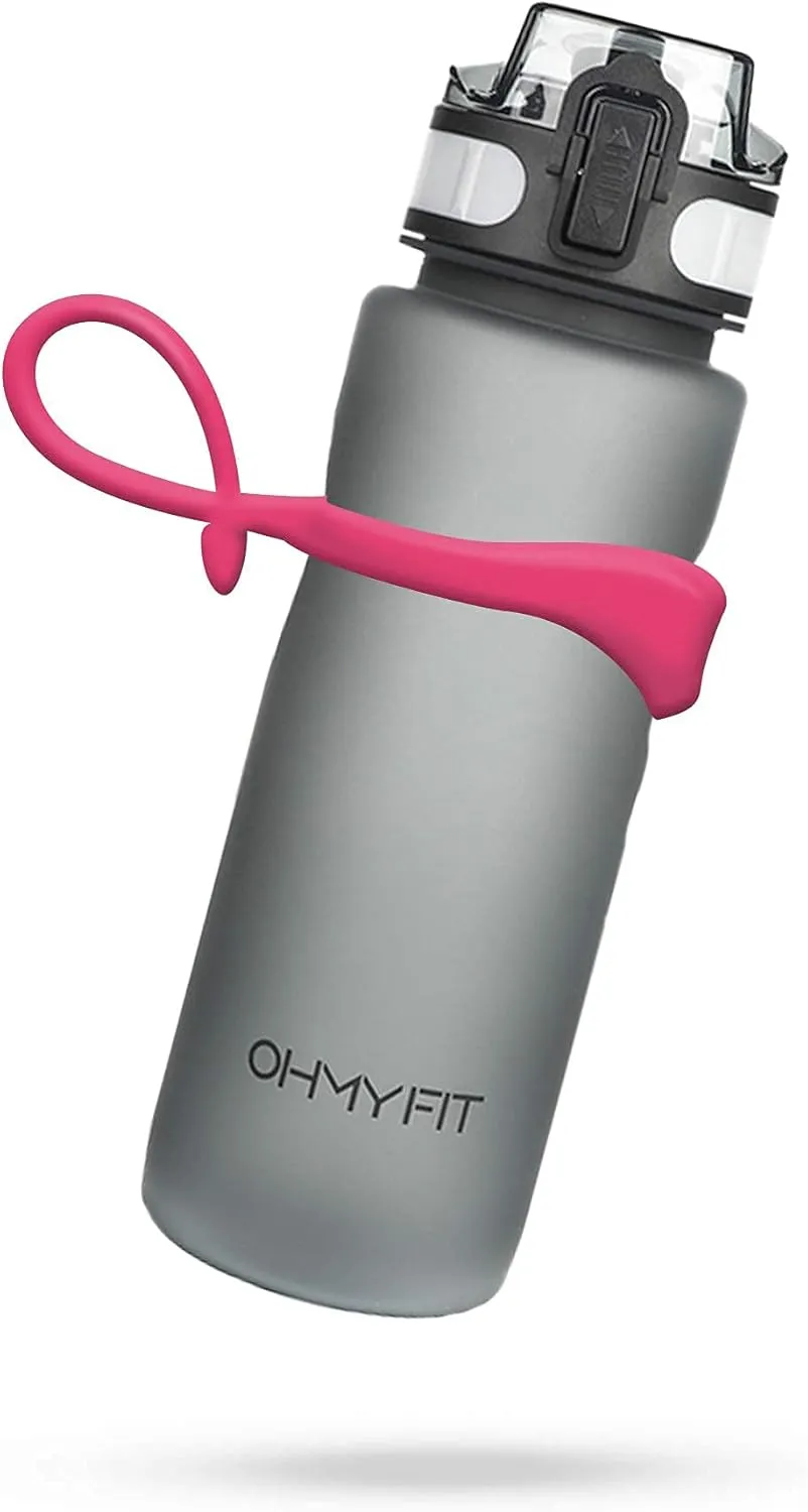 Tritan Sports Water Bottle with Magnetic Silicone Carry Strap & One Click Open Cap - Magnetic Drink Holder for Metal Equipment - Bottle w/Straps for Backpack, Belt & More (18oz, Fuschia)