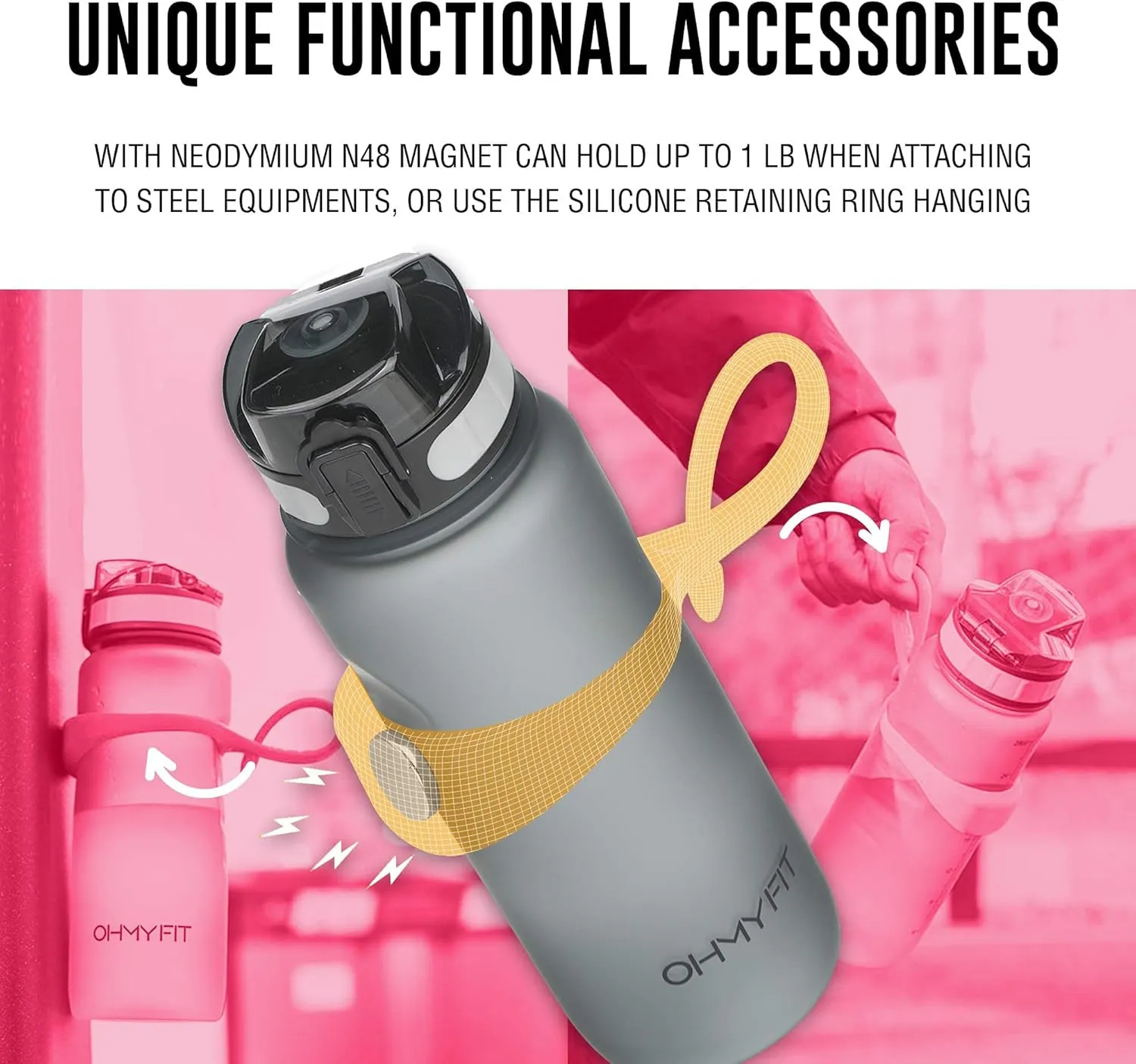 Tritan Sports Water Bottle with Magnetic Silicone Carry Strap & One Click Open Cap - Magnetic Drink Holder for Metal Equipment - Bottle w/Straps for Backpack, Belt & More (18oz, Fuschia)