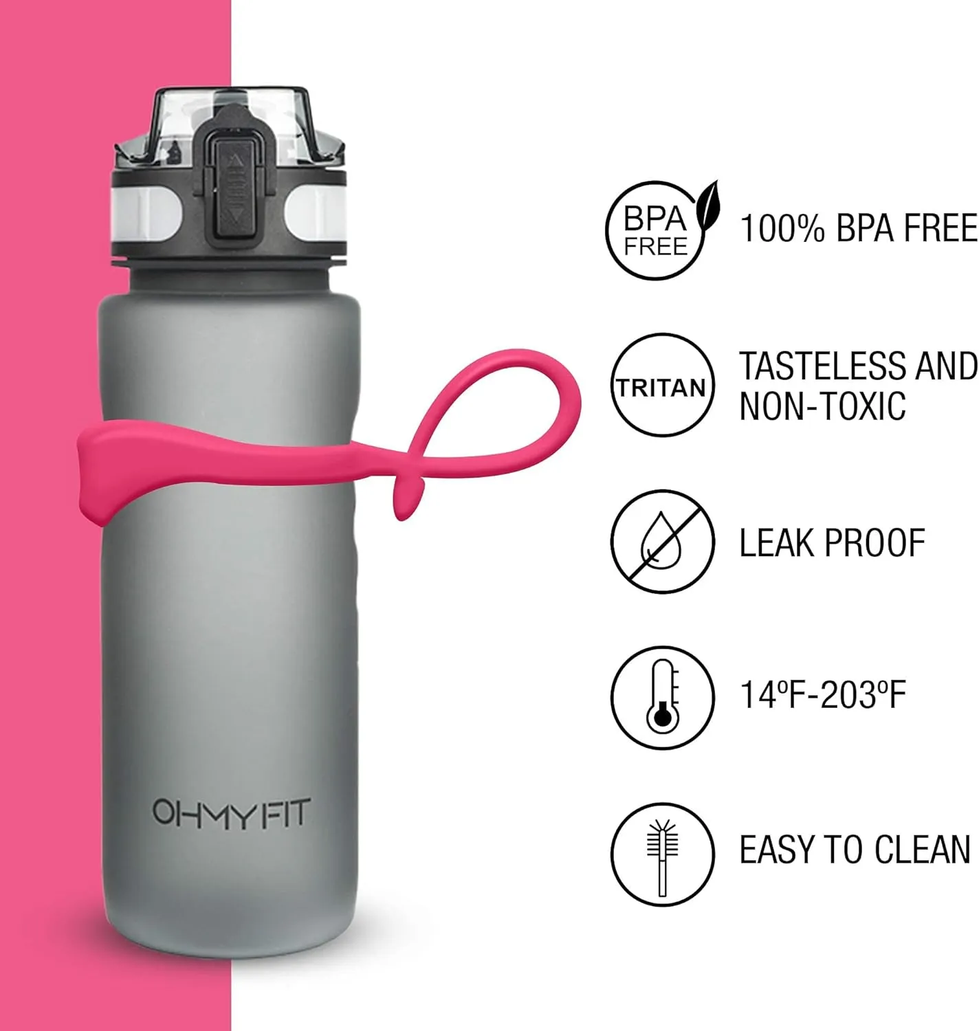 Tritan Sports Water Bottle with Magnetic Silicone Carry Strap & One Click Open Cap - Magnetic Drink Holder for Metal Equipment - Bottle w/Straps for Backpack, Belt & More (18oz, Fuschia)