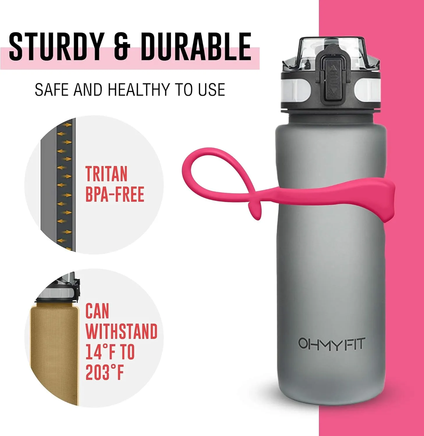 Tritan Sports Water Bottle with Magnetic Silicone Carry Strap & One Click Open Cap - Magnetic Drink Holder for Metal Equipment - Bottle w/Straps for Backpack, Belt & More (18oz, Fuschia)