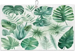 Tropical Leaves Golf Towel with Heavy Duty Carabiner Clip Quick Dry Ultra Absorbent Club Ball Cleaning Towel Golf Accessories for Men Women