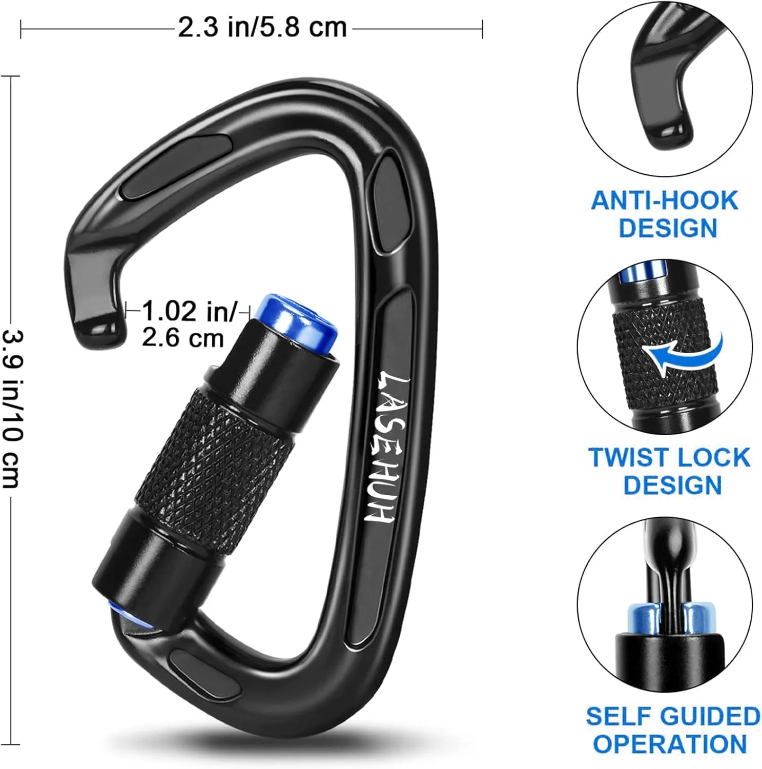UIAA Certified 25KN Auto Locking Climbing Carabiner Clips, D Shaped, Twist Lock, and Heavy Duty Carabiners for Rock Climbing, Rappelling,3.93 Inch, Large Size.