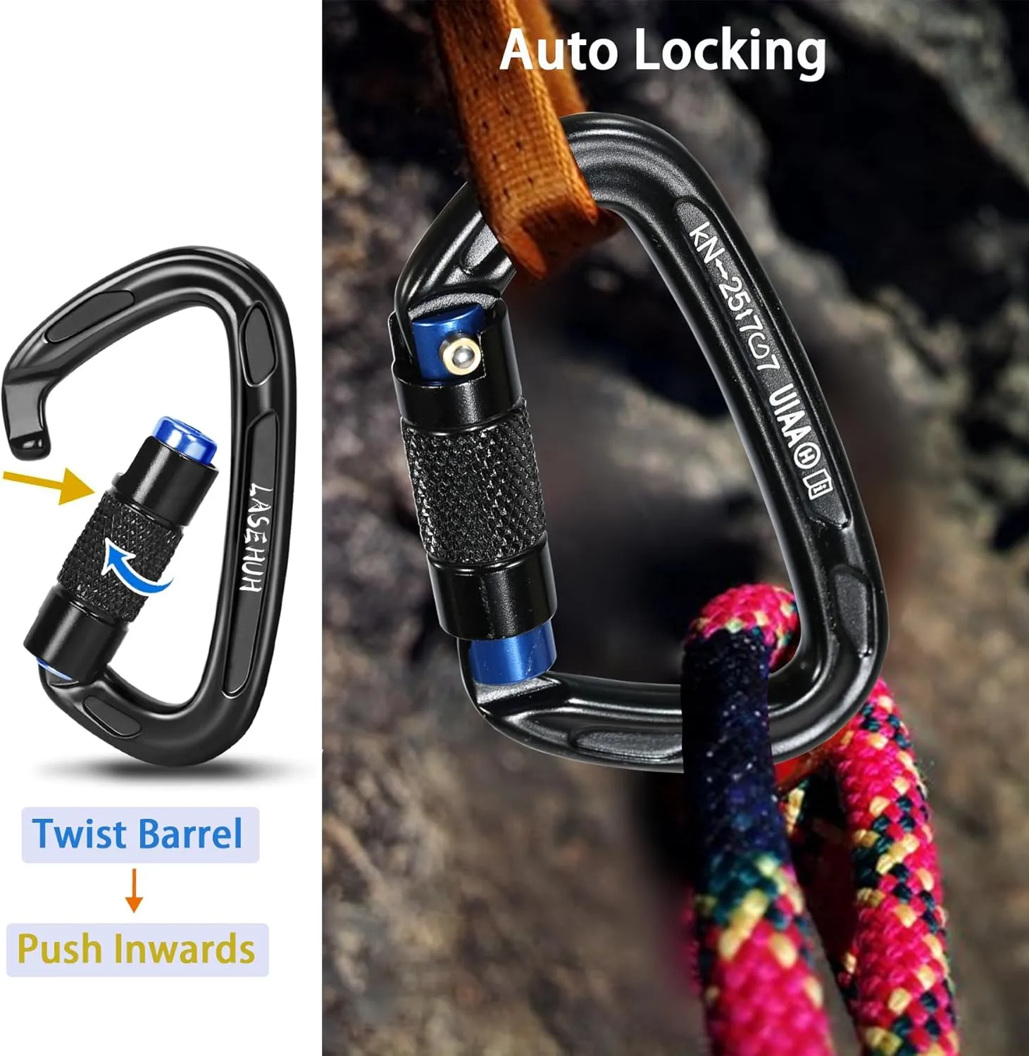 UIAA Certified 25KN Auto Locking Climbing Carabiner Clips, D Shaped, Twist Lock, and Heavy Duty Carabiners for Rock Climbing, Rappelling,3.93 Inch, Large Size.