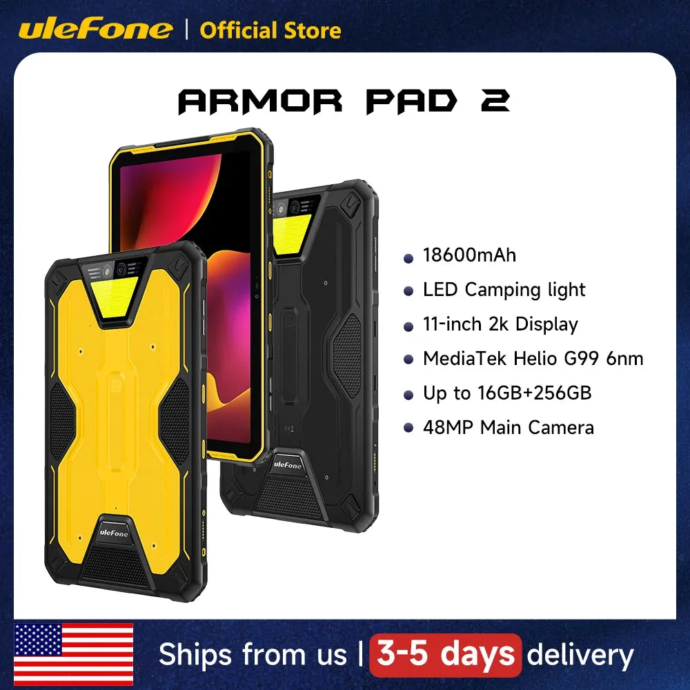 Ulefone Armor Pad 2 Rugged Tablet, 11" 2K, 18600 mAh ,IP68/IP69K Android 13 NFC GPS 4G Tablet Up to16GB  256GB LED Camping light