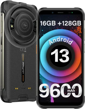 Ulefone Power Armor 16S Rugged Smartphone, 16 128GB, 50MP Camera, 9600mAh, Built-in Glare Flashlight, 5.93”, Android 13, NFC/GPS/Fingerprint ID/Face Unlock, Dual 4G LTE Cell Phone (Black)