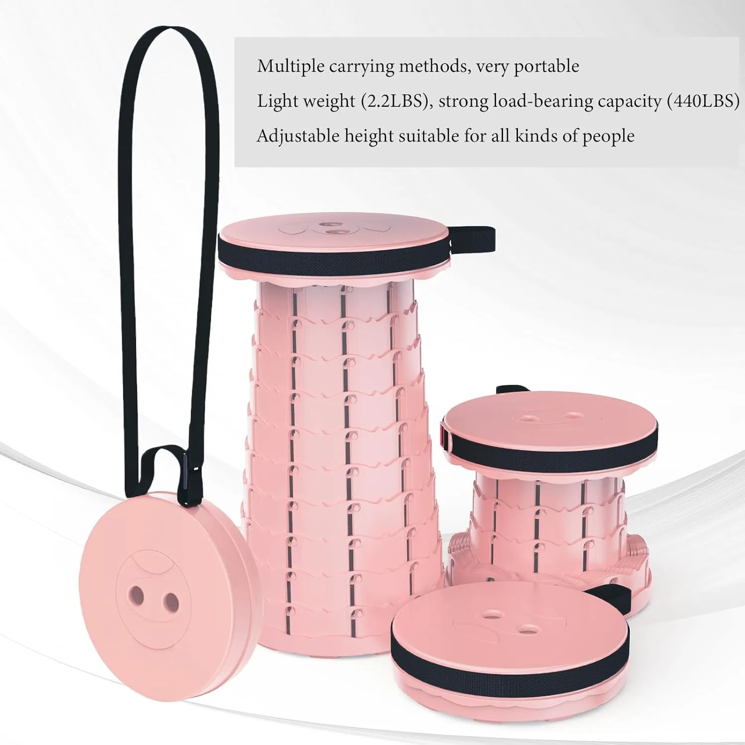 Upgraded Folding Stool with Carabiner,Retractable Collapsible Stool,Portable Camping Stool Lightweight and More Sturdy Capacity 440Ibs for Outdoor Fishing Hiking Travel