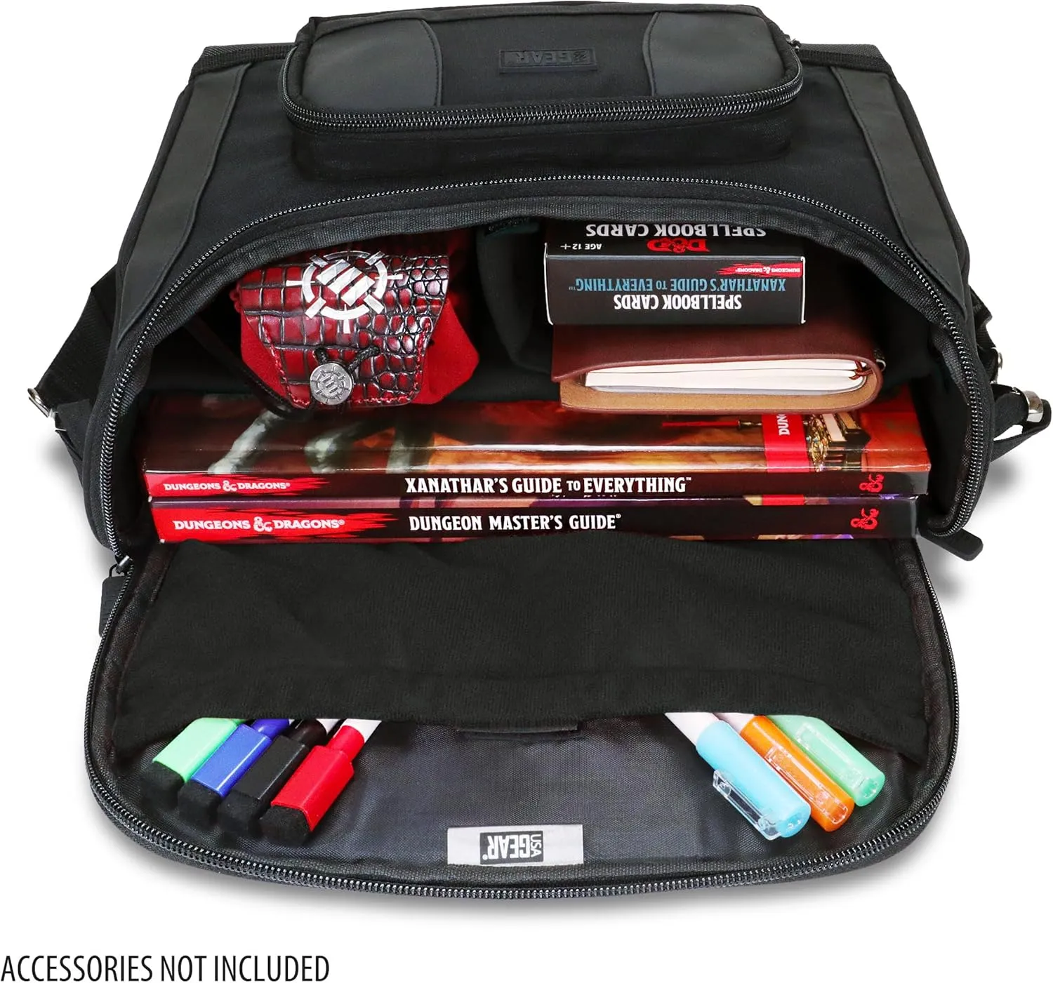 USA GEAR Compact Travel Bag Compatible with Dungeons and Dragons Accessories - Small DND Bag fits RPG Player Essentials, Player's Handbook, Character Sheets, Dice, Tokens, & Mini Player Items (Black)