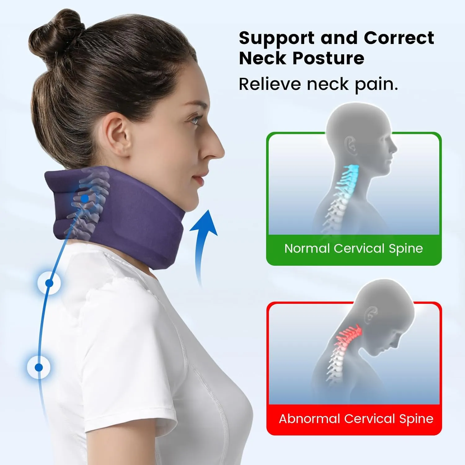 Velpeau Neck Brace for Neck Pain and Strong Support, Soft Cervical Collar for Sleeping Upright, Snoozing - Stabilizes & Relieves Pressure in Spine for Women & Men (Blue, L: 16.5-19.5" / 3.5" Depth)