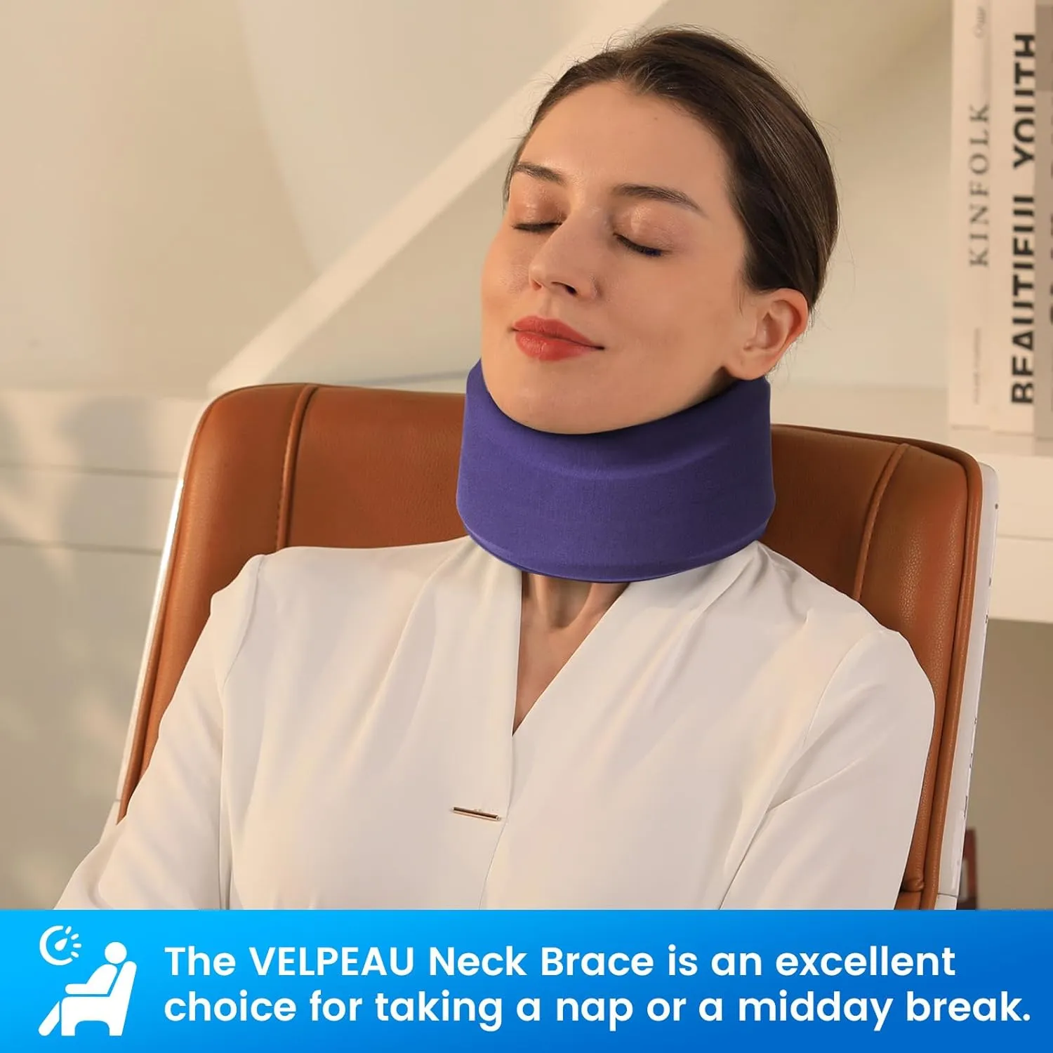 Velpeau Neck Brace for Neck Pain and Strong Support, Soft Cervical Collar for Sleeping Upright, Snoozing - Stabilizes & Relieves Pressure in Spine for Women & Men (Blue, L: 16.5-19.5" / 3.5" Depth)