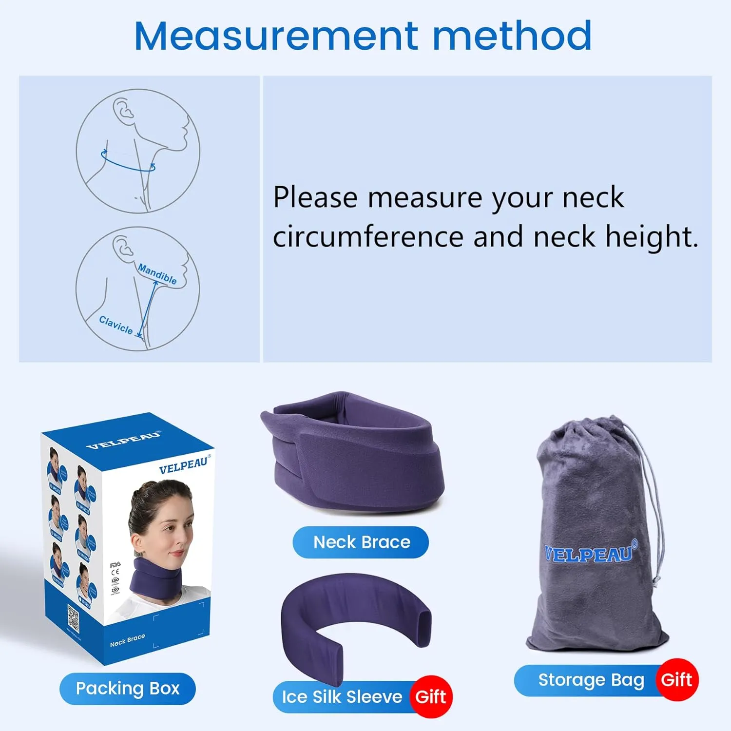 Velpeau Neck Brace for Neck Pain and Strong Support, Soft Cervical Collar for Sleeping Upright, Snoozing - Stabilizes & Relieves Pressure in Spine for Women & Men (Blue, L: 16.5-19.5" / 3.5" Depth)