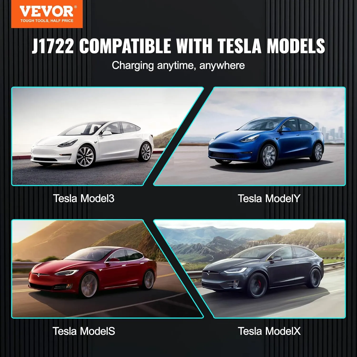 VEVOR J1772 to Tesla Charger Adapter, 80 Amp 240V AC, SAE J1772 EV Charging Adapter to Tesla Plug, with Storage Bag Anti-Drop Lock IP65 Compatible with Tesla Model 3, Y, S, X