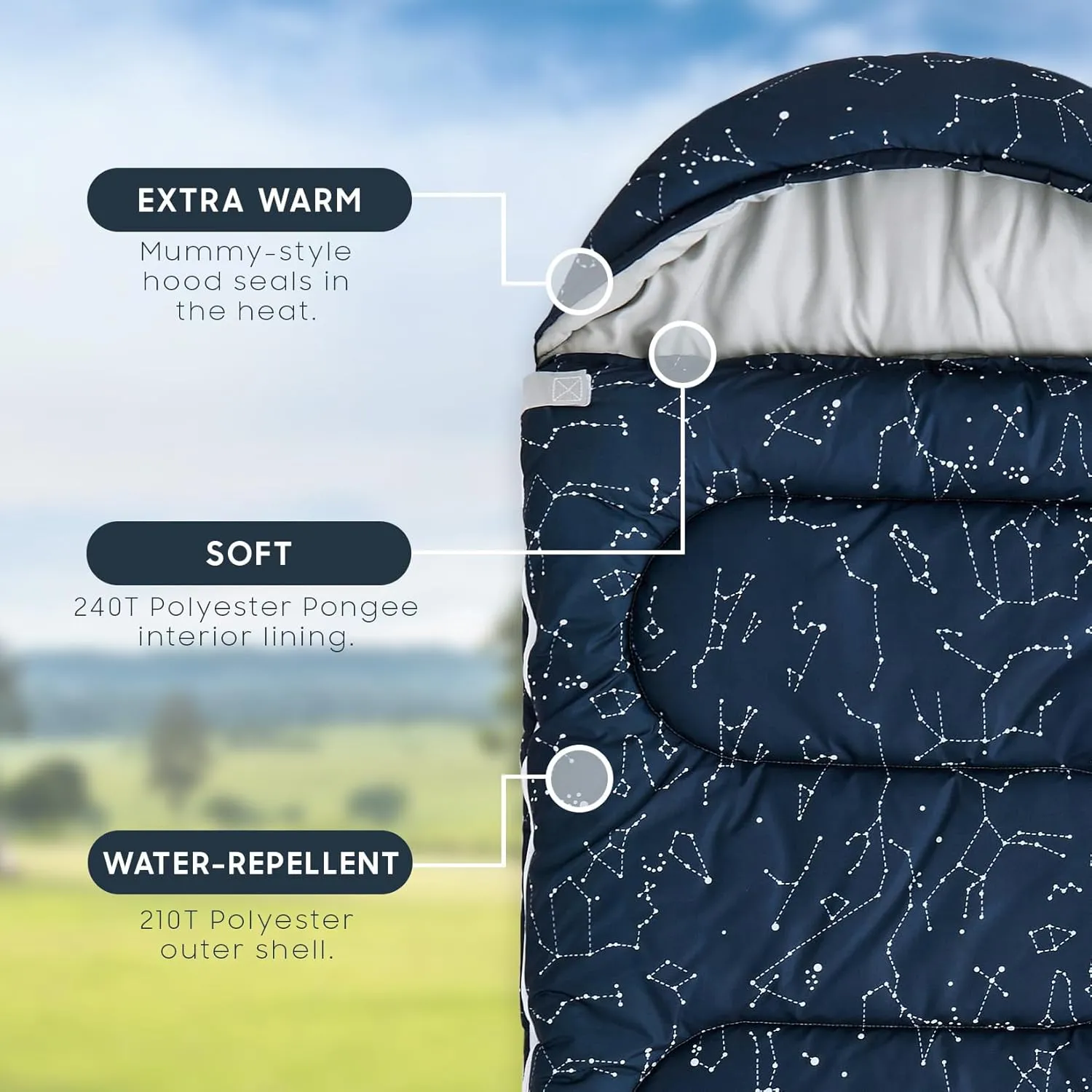 Wake In Cloud - Kids Sleeping Bag for Boys Toddlers, Camping in Warm Cold Weather, Backpacking Lightweight Compact Outdoor Liner for 3 Seasons Summer Spring Fall