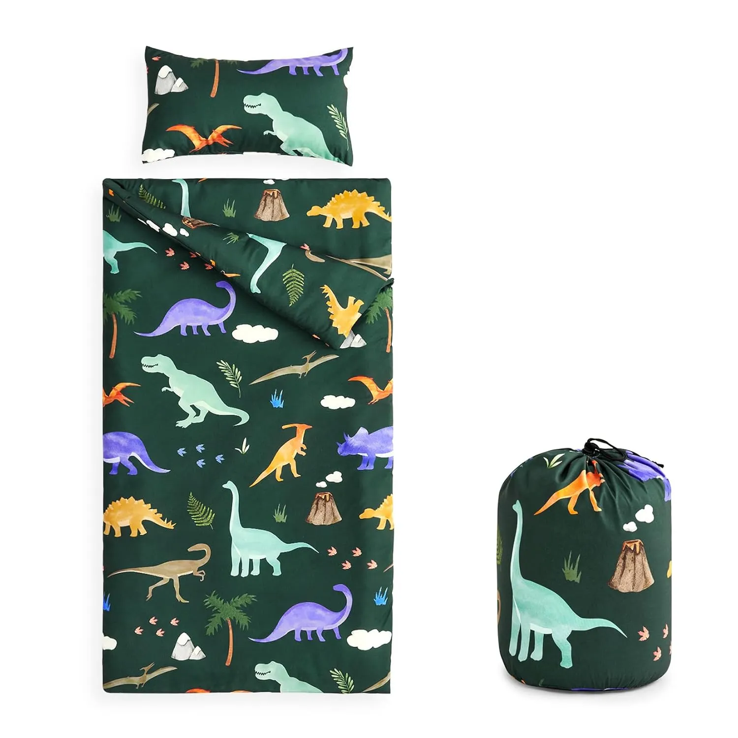 Wake In Cloud - Sleeping Bag for Kids Toddlers, Portable Compact Lightweight Backpacking Nap Mat with Pillow and Blanket, for Boys Girls, Cute Colorful Dinosaur, Dark Green, 55" x 30"