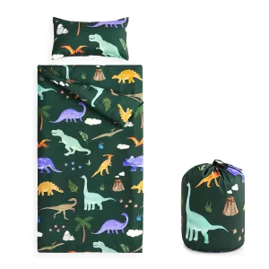 Wake In Cloud - Sleeping Bag for Kids Toddlers, Portable Compact Lightweight Backpacking Nap Mat with Pillow and Blanket, for Boys Girls, Cute Colorful Dinosaur, Dark Green, 55" x 30"