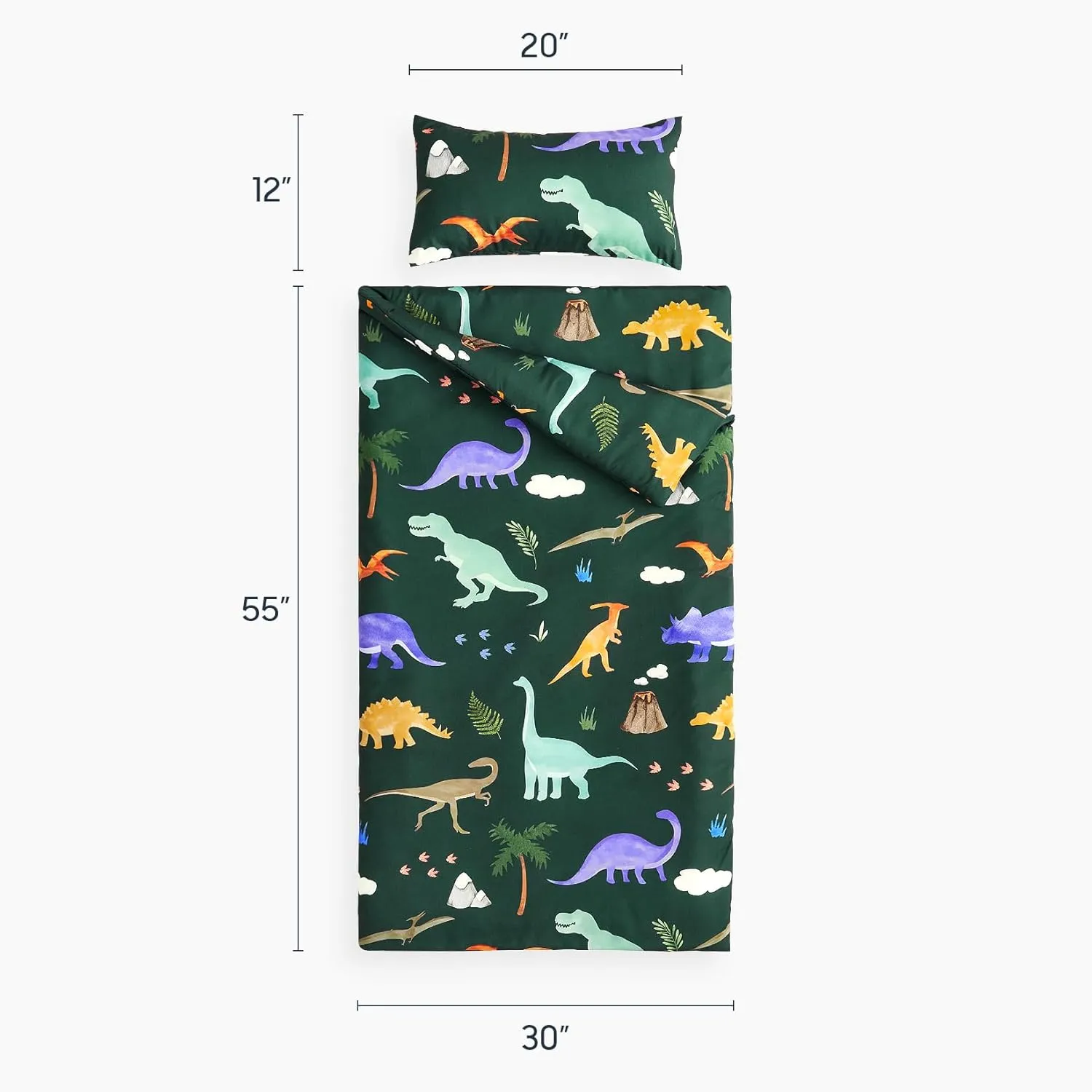 Wake In Cloud - Sleeping Bag for Kids Toddlers, Portable Compact Lightweight Backpacking Nap Mat with Pillow and Blanket, for Boys Girls, Cute Colorful Dinosaur, Dark Green, 55" x 30"