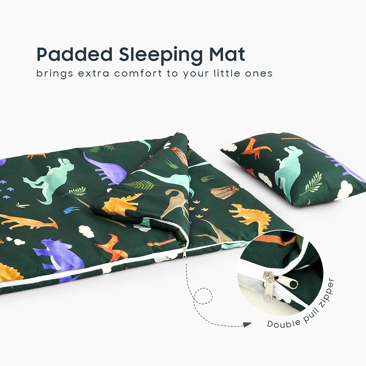 Wake In Cloud - Sleeping Bag for Kids Toddlers, Portable Compact Lightweight Backpacking Nap Mat with Pillow and Blanket, for Boys Girls, Cute Colorful Dinosaur, Dark Green, 55" x 30"