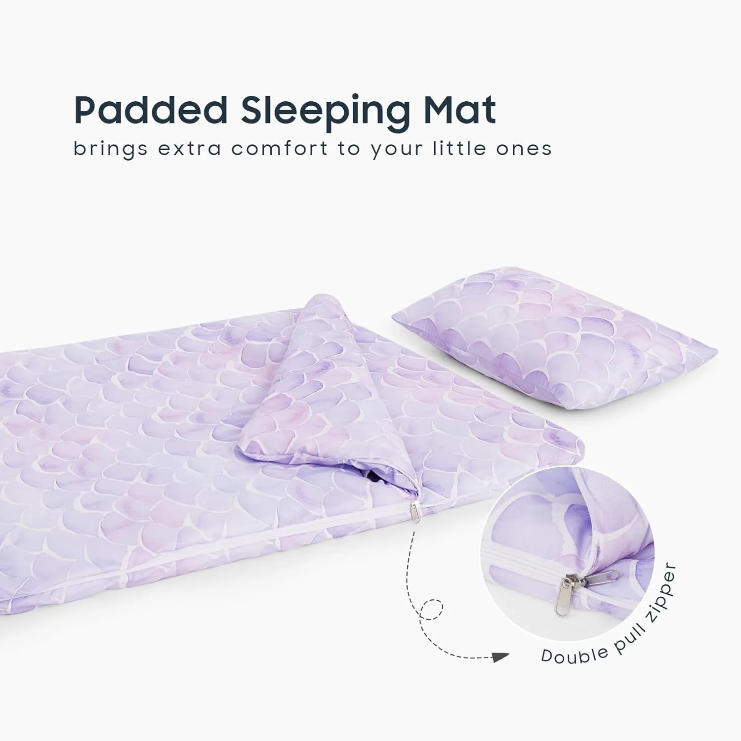 Wake In Cloud - Sleeping Bag for Kids Toddlers, Portable Compact Lightweight Backpacking Nap Mat with Pillow and Blanket, for Girls, Mermaids Scales in Purple Lilac Pink, 55" x 30"