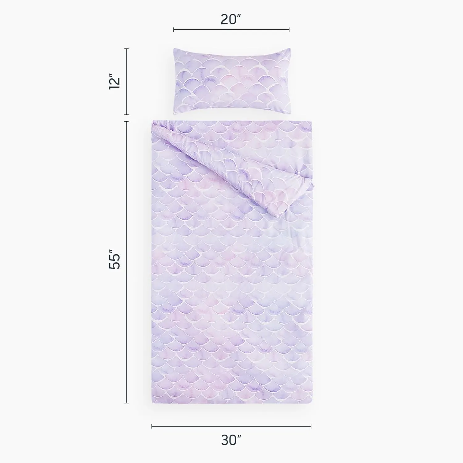Wake In Cloud - Sleeping Bag for Kids Toddlers, Portable Compact Lightweight Backpacking Nap Mat with Pillow and Blanket, for Girls, Mermaids Scales in Purple Lilac Pink, 55" x 30"
