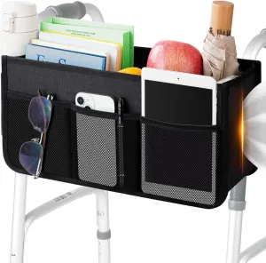 Walker Basket with Cup Holder, Detachable Walker Storage Bag for Folding Walker Accessories for Seniors, Big Capacity & Tissue Slots, Never Tipping Over, Gift for Elders and Family - Black