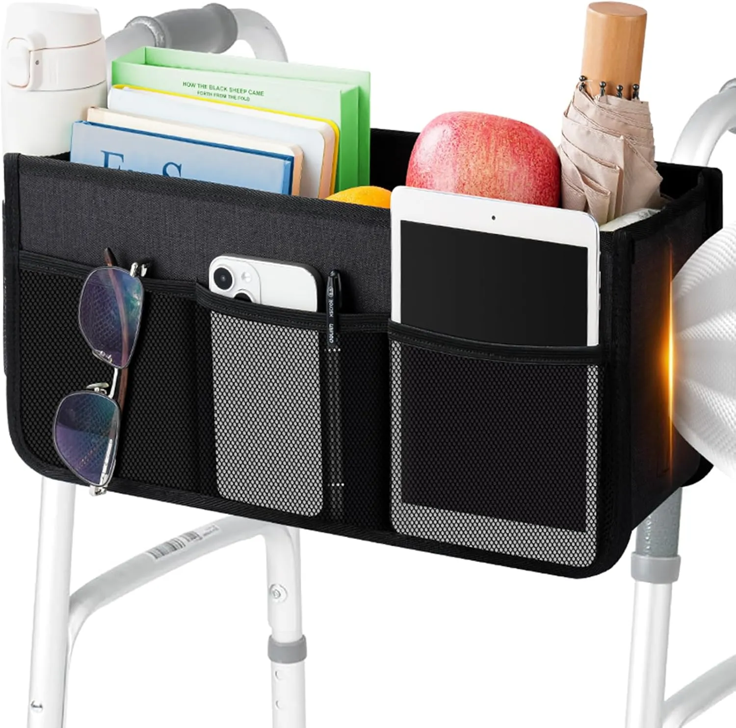 Walker Basket with Cup Holder, Detachable Walker Storage Bag for Folding Walker Accessories for Seniors, Big Capacity & Tissue Slots, Never Tipping Over, Gift for Elders and Family - Black