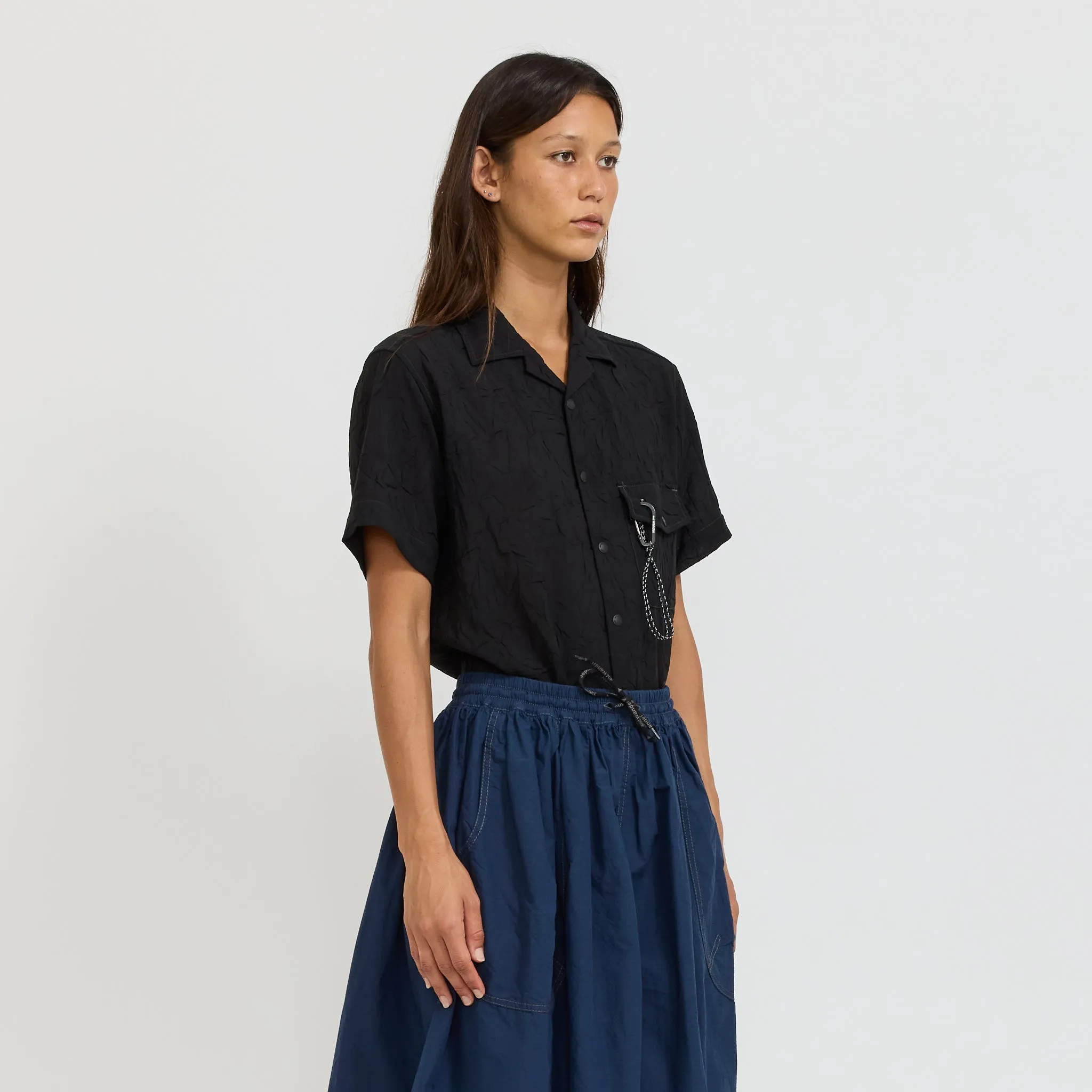 Washer Pleated Open SS Shirt Black